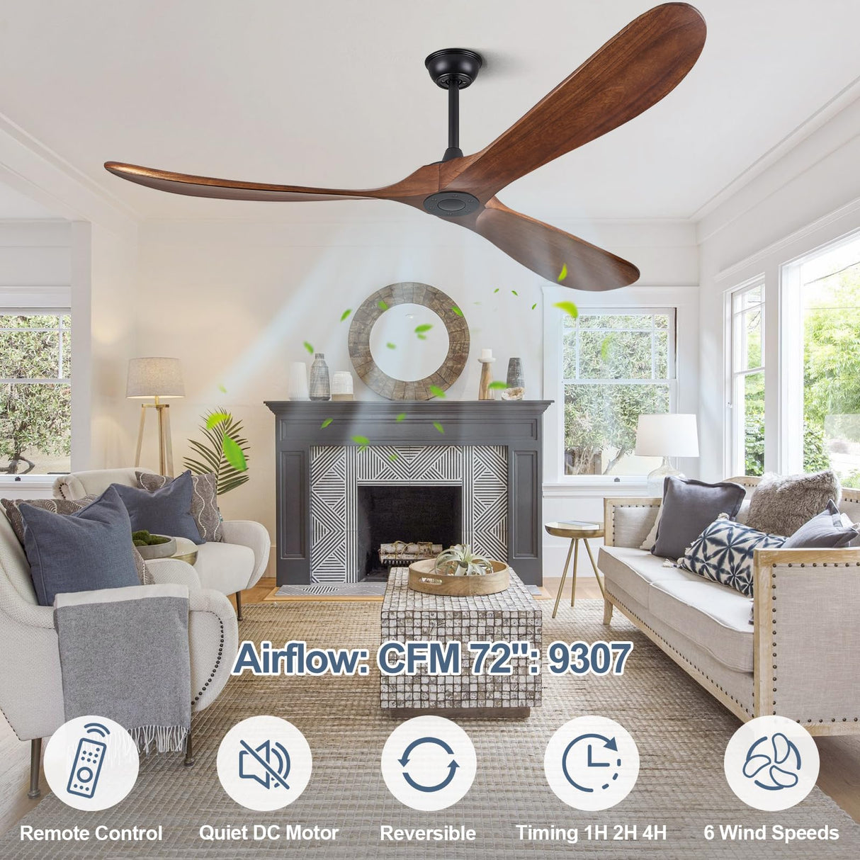 ABZ Ceiling Fans Without Lights - 72 Inch Outdoor Ceiling Fans no Lights with Remote Control, 3 Blade Solid Wood Ceiling Fans for Patios Living Room Bedroom Porch ABZ