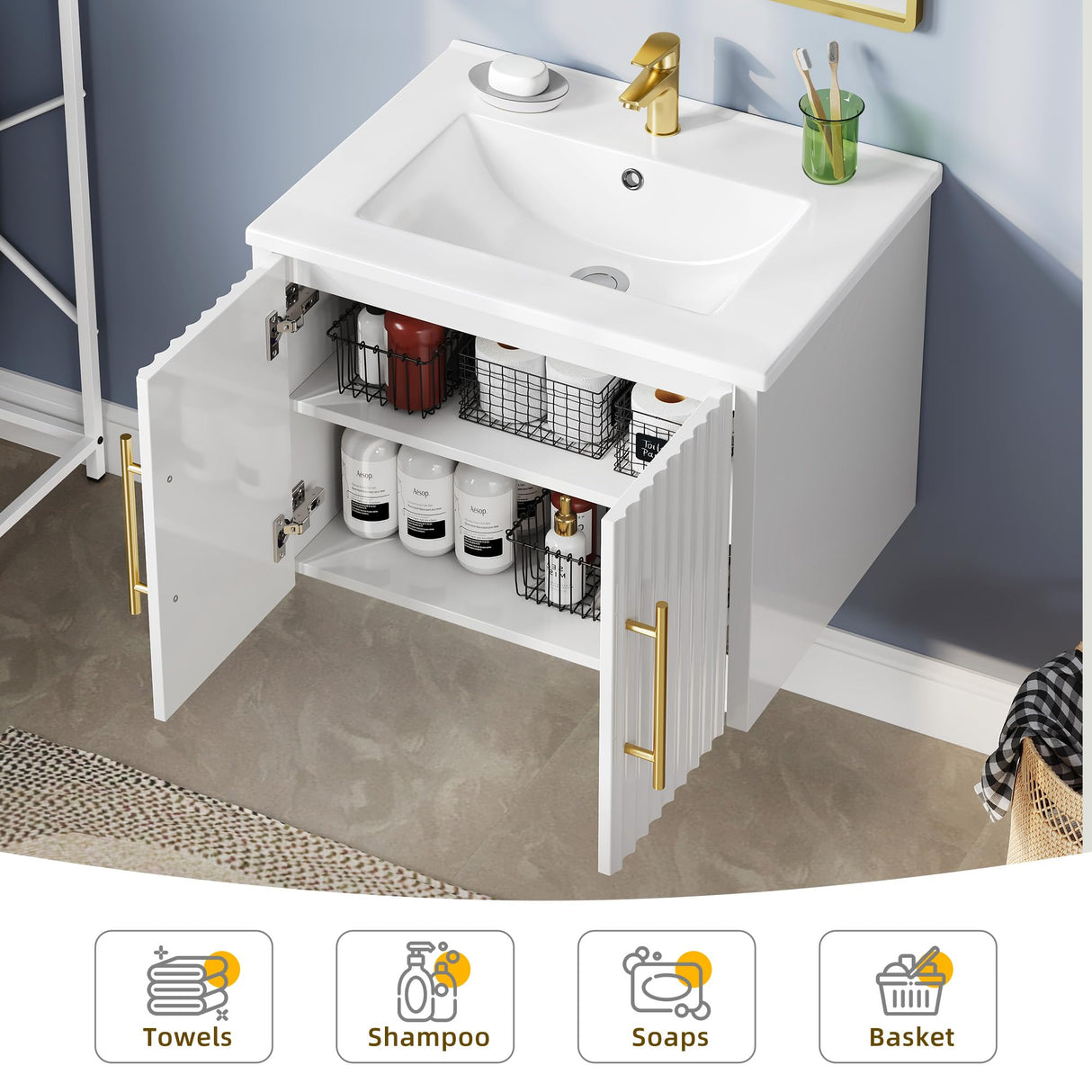DWVO 24" Small Bathroom Vanity with Sink Combo Set, Wall Mounted Cabinet with Ceramic Sink, Modern Floating Bathroom Cabinet, Double Soft-Close Doors, White DWVO