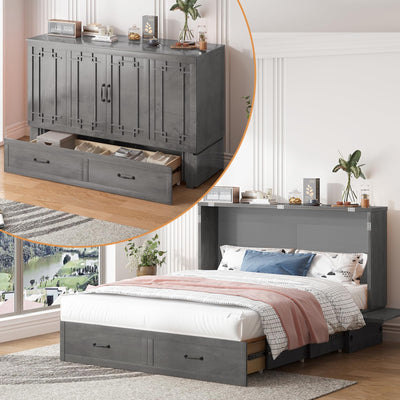 PUREMIND Queen Murphy Bed Cabinet with Mattress Included, Cabinet Beds with Storage Drawers, Murphy Chest Bed with USB Charging Station, Horizontal Murphys Wallbed for Bedroom, Guest Room
