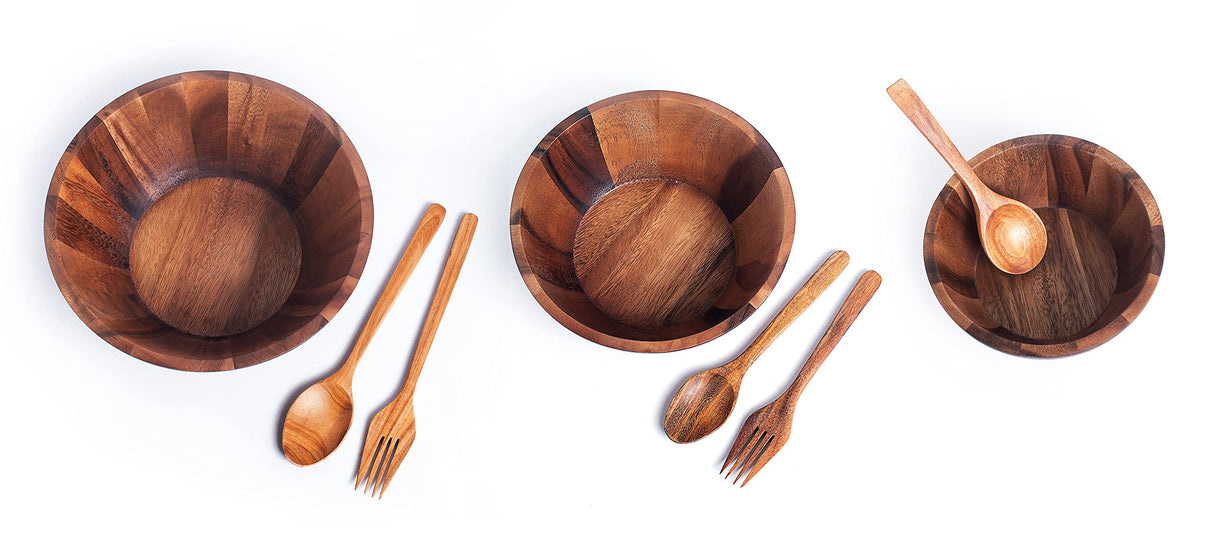 BestySuperStore Nesting Round Wood Bowls Mix Size 9½”, 8½”, 7” Stackable Acacia Wooden Bowl Set with Spoons and Forks for salad dip sauce snack rice pasta soup fruit cereal Tableware Nested Dish Sets BestySuperStore