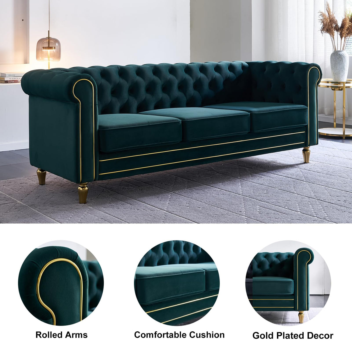 Homtique 84" Modern Green Velvet Chesterfield Sofa, 3-Seater, Button Tufted, Rolled Arms, Gold Legs Homtique