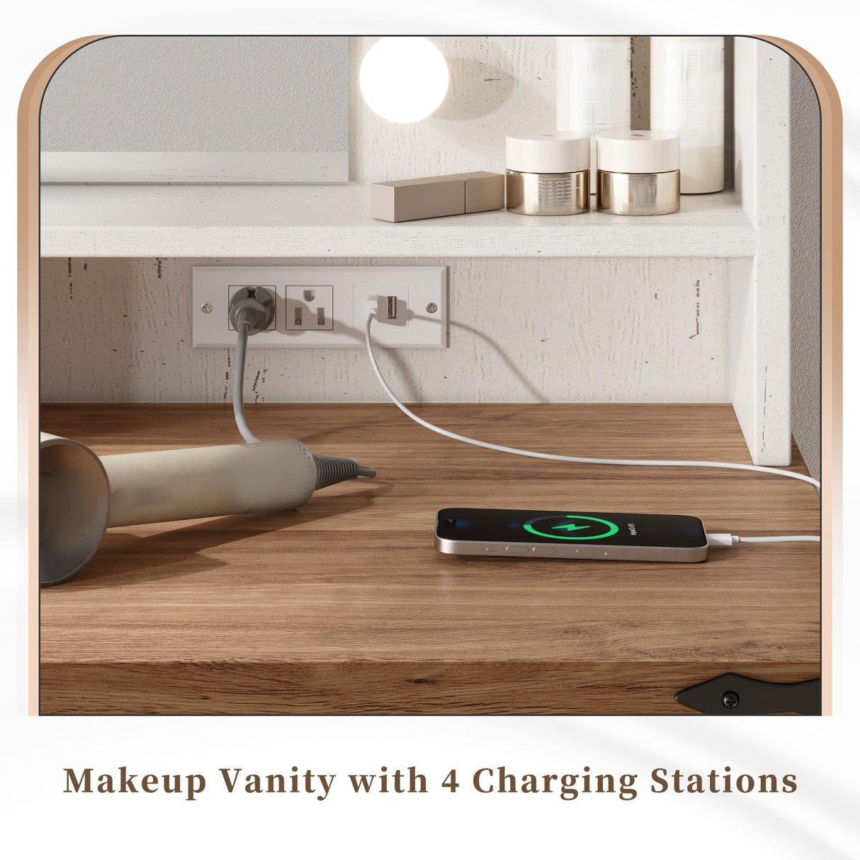 EnHomee Small Vanity Desk with Mirror and Lights, Makeup Vanity Table with 2 Drawers, White Vanity Dressing Table with Charging Staion for Bedroom, Dressing Room EnHomee