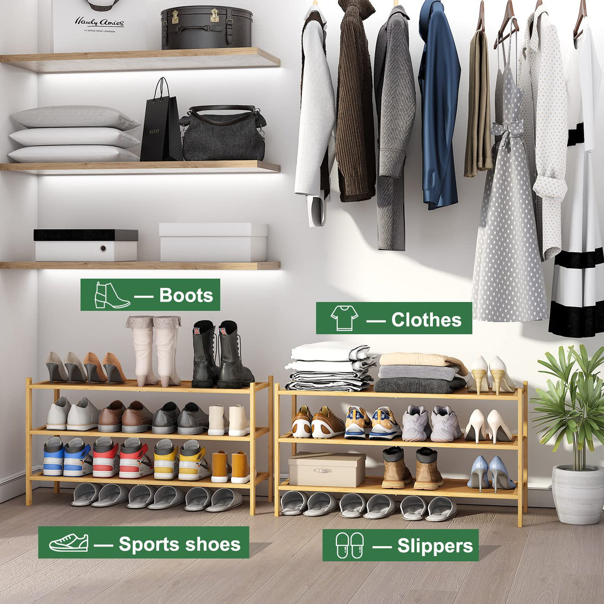 kiplant Long Shoe Rack, Bamboo Wood 3-Tier Shoe Rack for Entryway, Stackable | Foldable | Natural, Shoe Organizer for Hallway Closet, Free Standing Shoe Racks for Indoor Outdoor kiplant