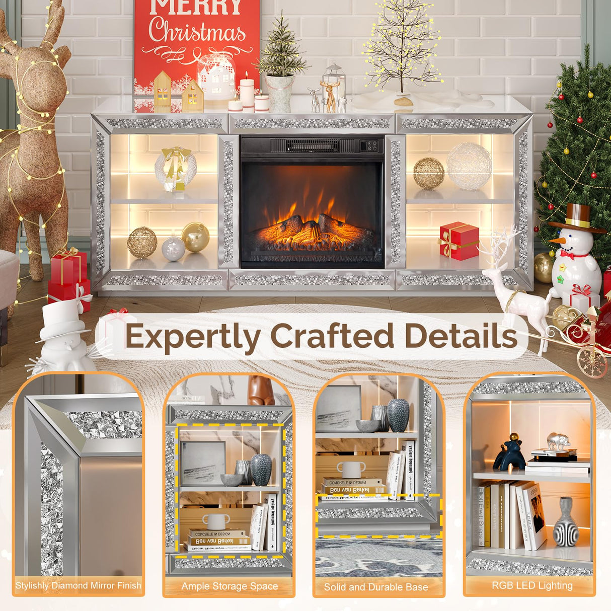 VINGLI Mirrored Fireplace TV Stand for 70" TV, Diamond Entertainment Center with Shelves & 20 Color LED Lights, Media Console Table with 18'' Electric Fireplace for Living Room/Bedroom (Assembled) VINGLI