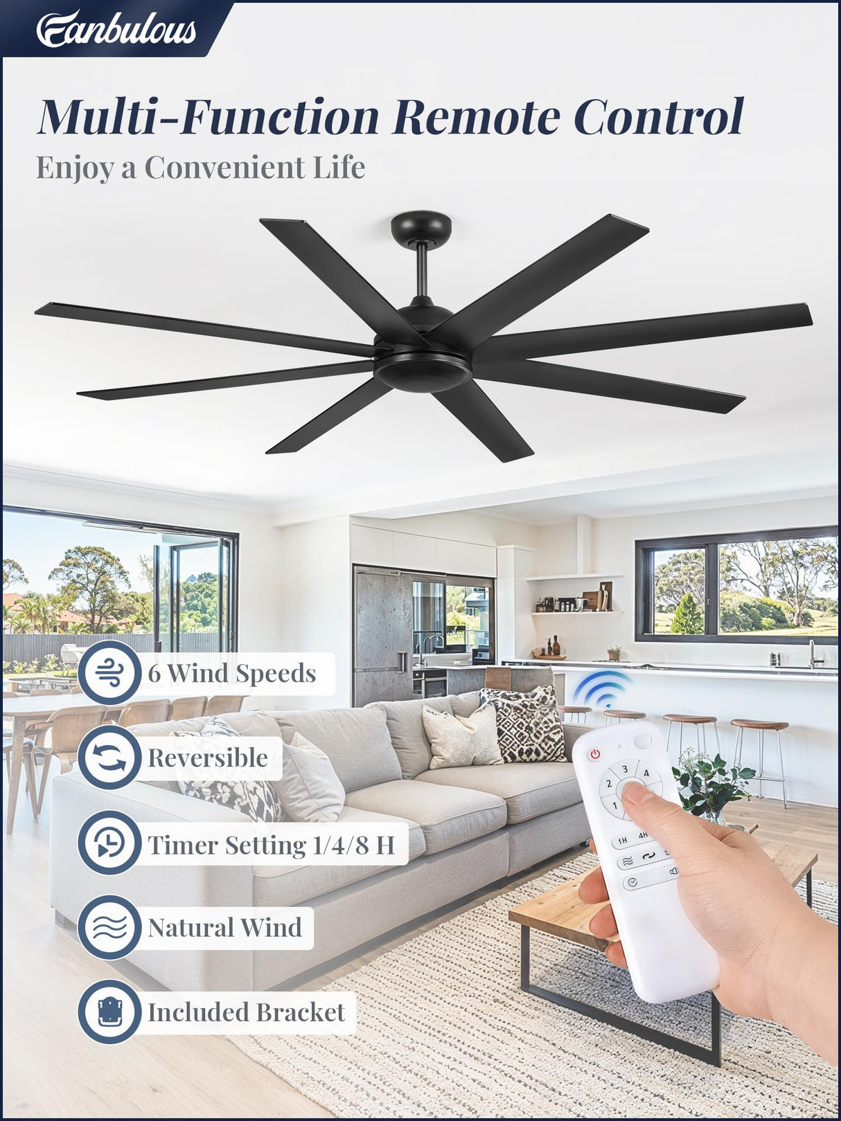 72 Inch Ceiling Fan no Light, Black Ceiling Fan with Remote, 6-Speeds, Quiet Reversible DC Motor, Industrial Ceiling Fans without Lights for Living Room, Garage, Patio, Indoor/Outdoor Use Fanbulous