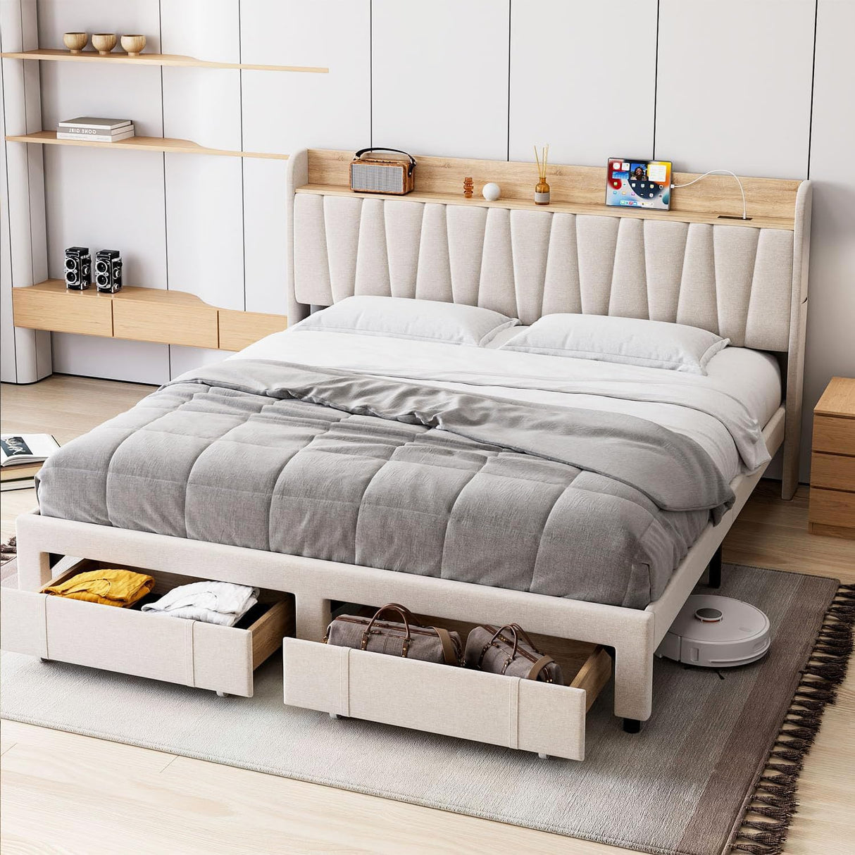GarveeHome King Size Bed Frame with Storage Headboard, Upholstered Platform Beds with Drawers, Charging Station, Noise-Free, No Box Spring Needed, Easy Assembly, Beige GarveeHome