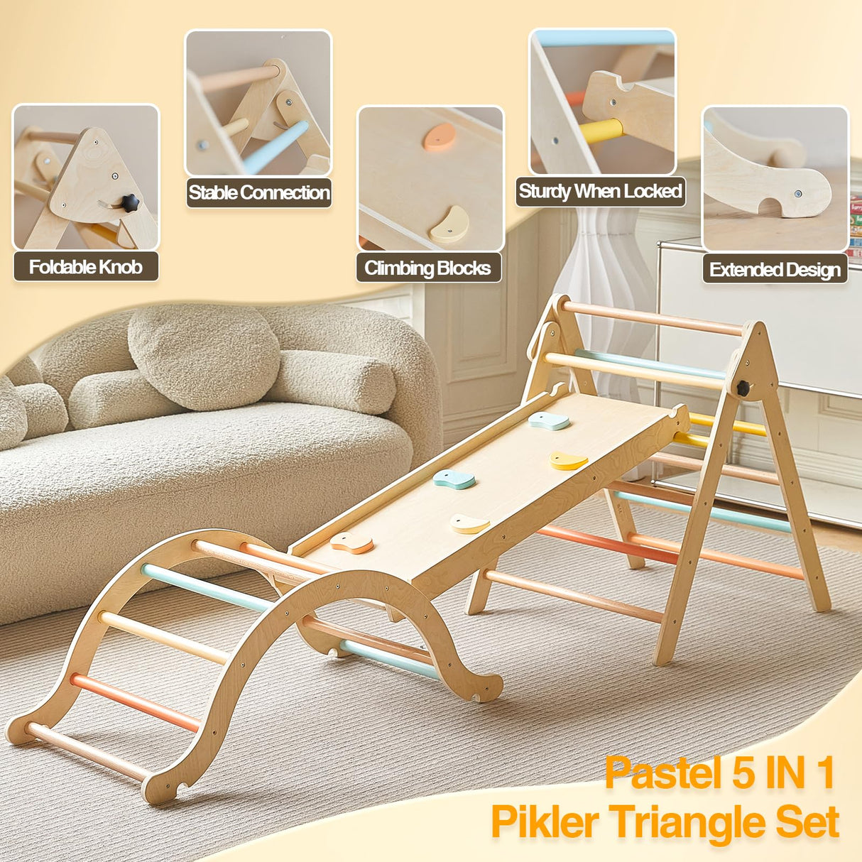 Giant bean Pastel 7 in 1 Pikler Climbing Set with Sliding Ramp & Climbing Arch Ramp, Foldable Wooden Toddler Climbing Toys Indoor,Playground Jungle Gym for Kids Age 2-5, Montessori Climbing Set Giant bean