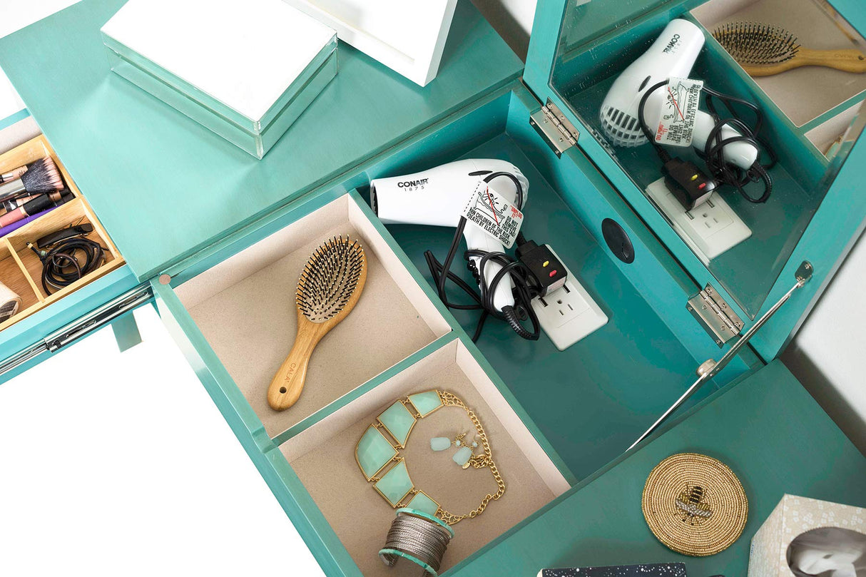 Alveare Home Aimee Makeup Dressing Table with USB and Outlet Vanity Desk, Turquoise Alveare Home