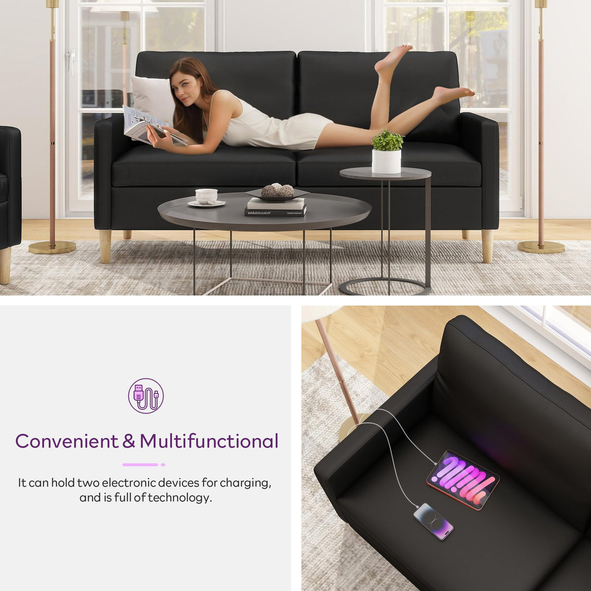 TYBOATLE 66" Black Faux Leather Sofa Couches w/USB, 2 Piece Living Room Set, Mid-Century Modern Tufted Loveseat 2 Seater Office Small Couch Love Seat for Small Space Bedroom Drom Apartment TYBOATLE