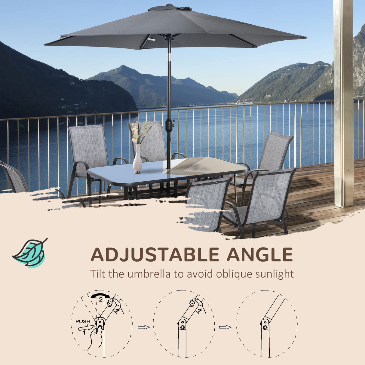 Outsunny 8 Pieces Patio Furniture Set with 9Ft Patio Umbrella, Outdoor Dining Table and Chairs, 6 Chairs, Push Button Tilt and Crank Parasol, Tempered Glass Top, Gray Outsunny