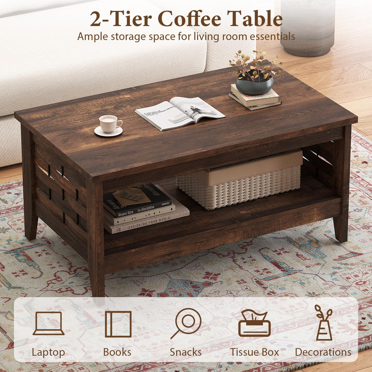Giantex Farmhouse Coffee Table, 2-Tier Center Table with Storage Open Shelf & Woven Slatted Design, 39.5" Rectangular Accent Cocktail Table, Wood Coffee Tables for Living Room (Rustic Brown) Giantex