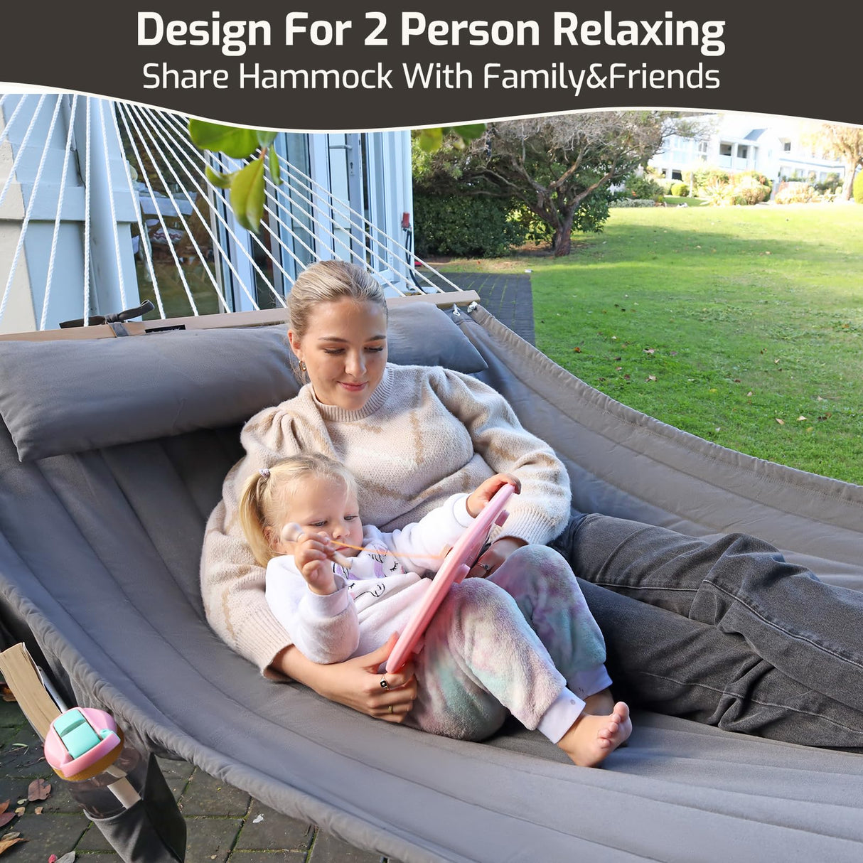 CHULIM Double Quilted Fabric Hammock with Hardwood Spreader Bars and Pillow 450 LBS Capacity 2 Person Hammock Large Hammock for Outdoor Patio Backyard Poolside - Green CHULIM