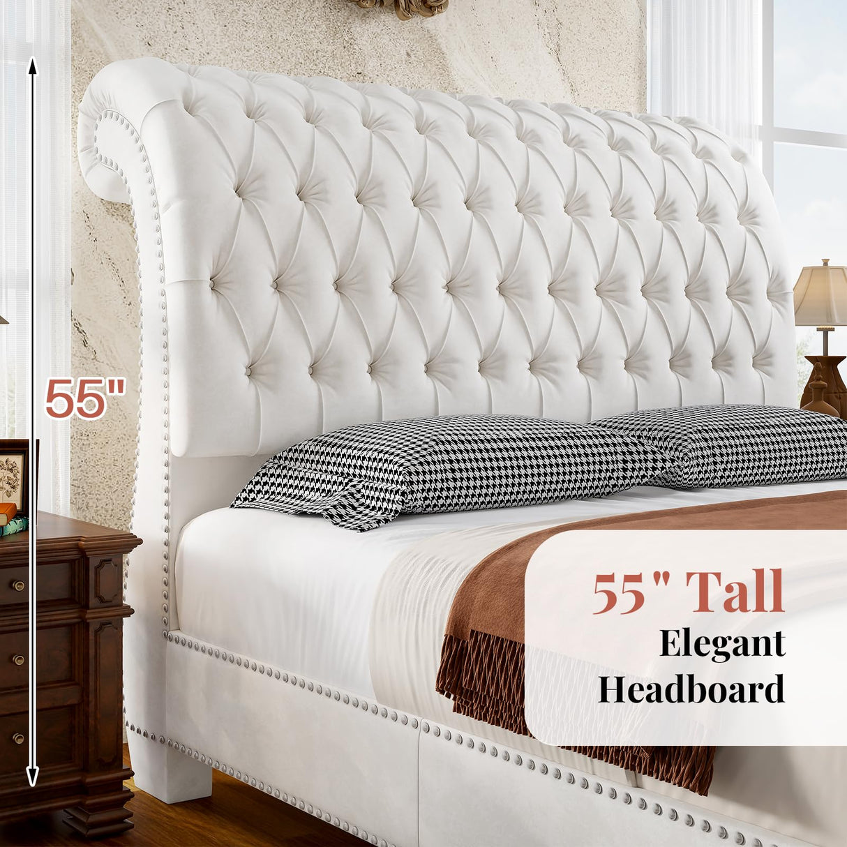 Jocisland King Size Bed Frame, Velvet Upholstered Platform Sleigh Bed with Scroll Headboard & Footboard, Button Tufted, No Box Spring Needed, White Jocisland