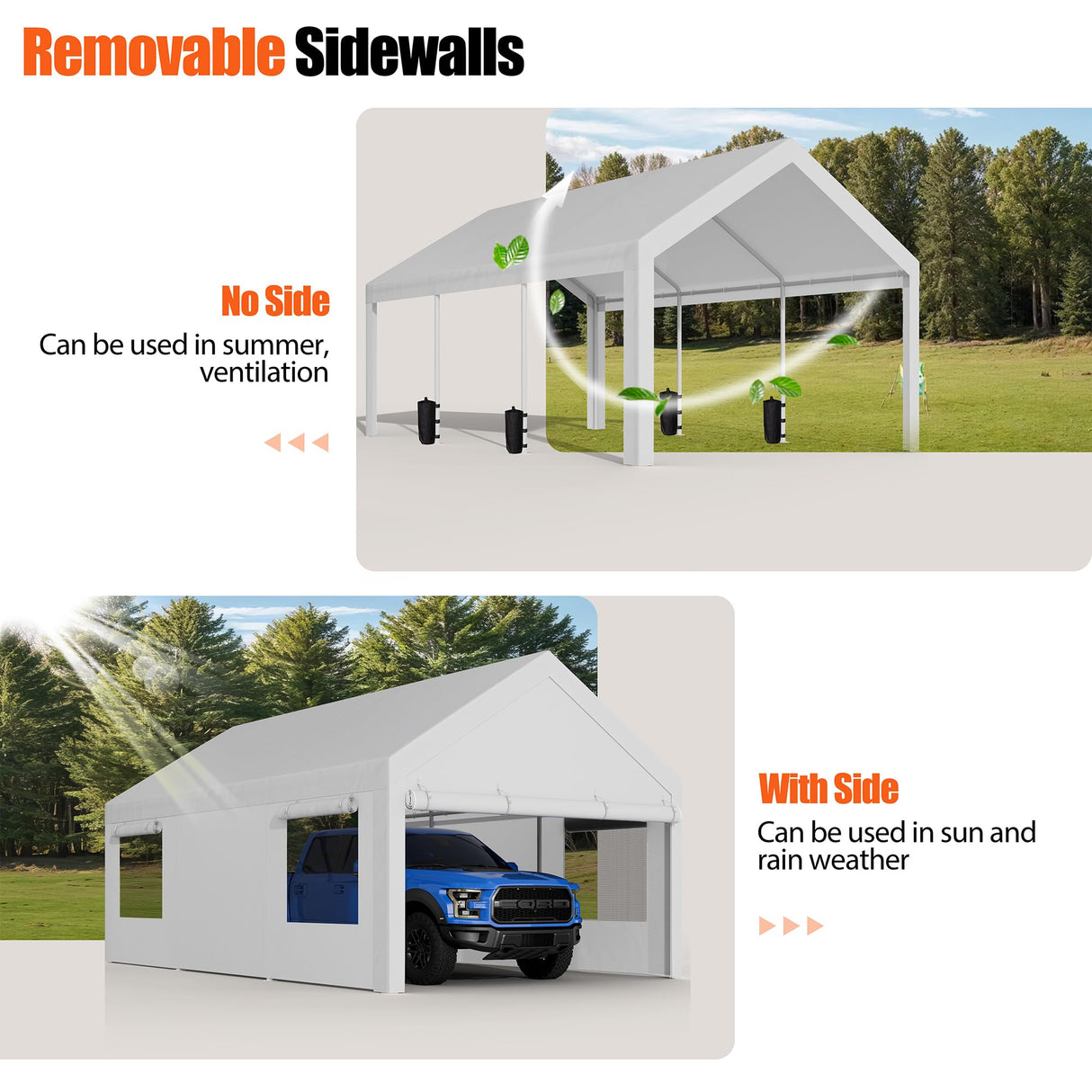 JAMFLY Carport, 12x20 ft Heavy Duty Carport with Roll-up Windows, Portable Garage with Removable Sidewalls & Doors, Car Canopy with Sandbags and All-Season Tarp for Car Boat Truck Motorcycle JAMFLY