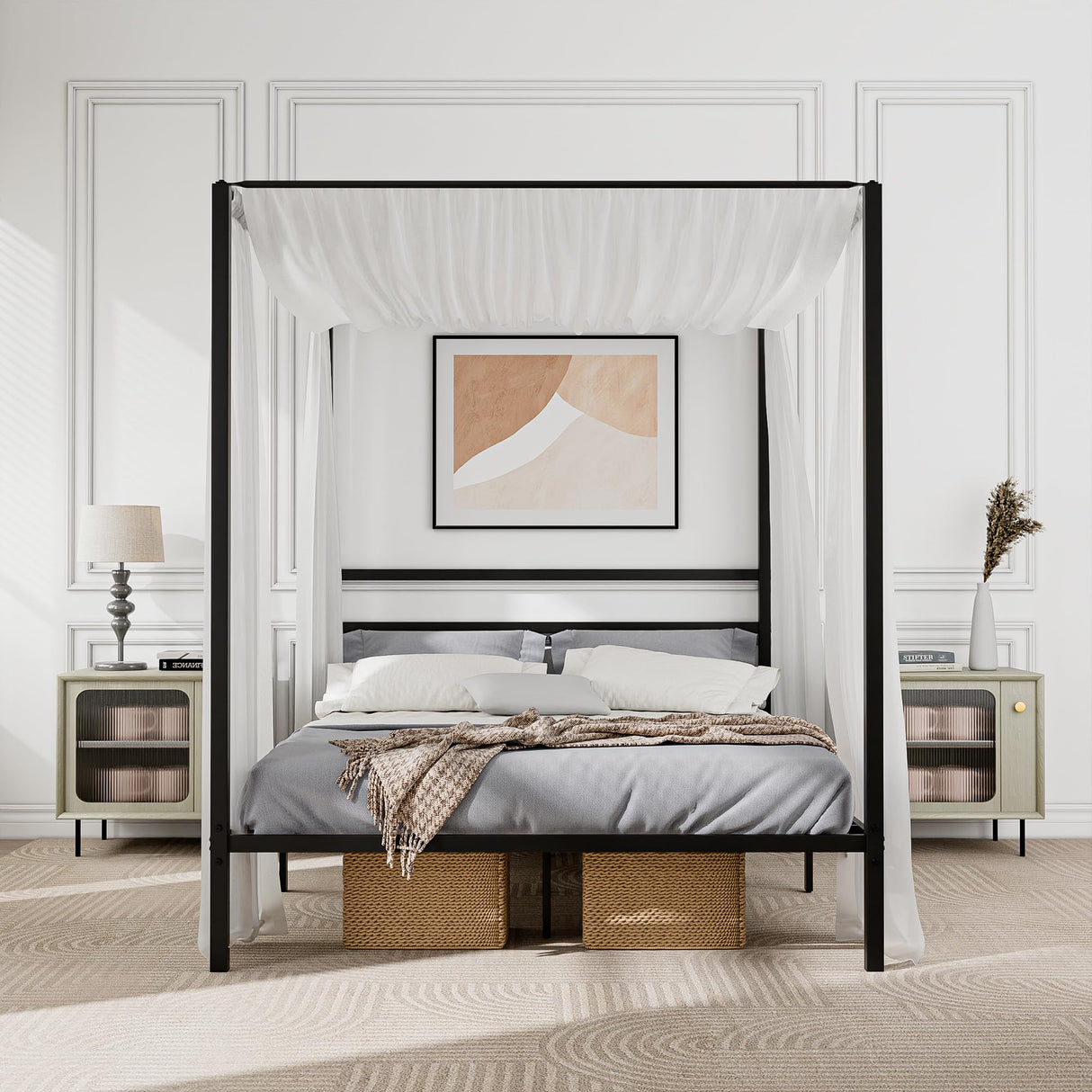 Nouva 14 Inch Metal Canopy Bed Frame Queen Size - Heavy Duty Metal Four Posters Bed Platform w/Headboard No Box Spring Needed, Slat Mattress Support,Noise Free, Black Nouva