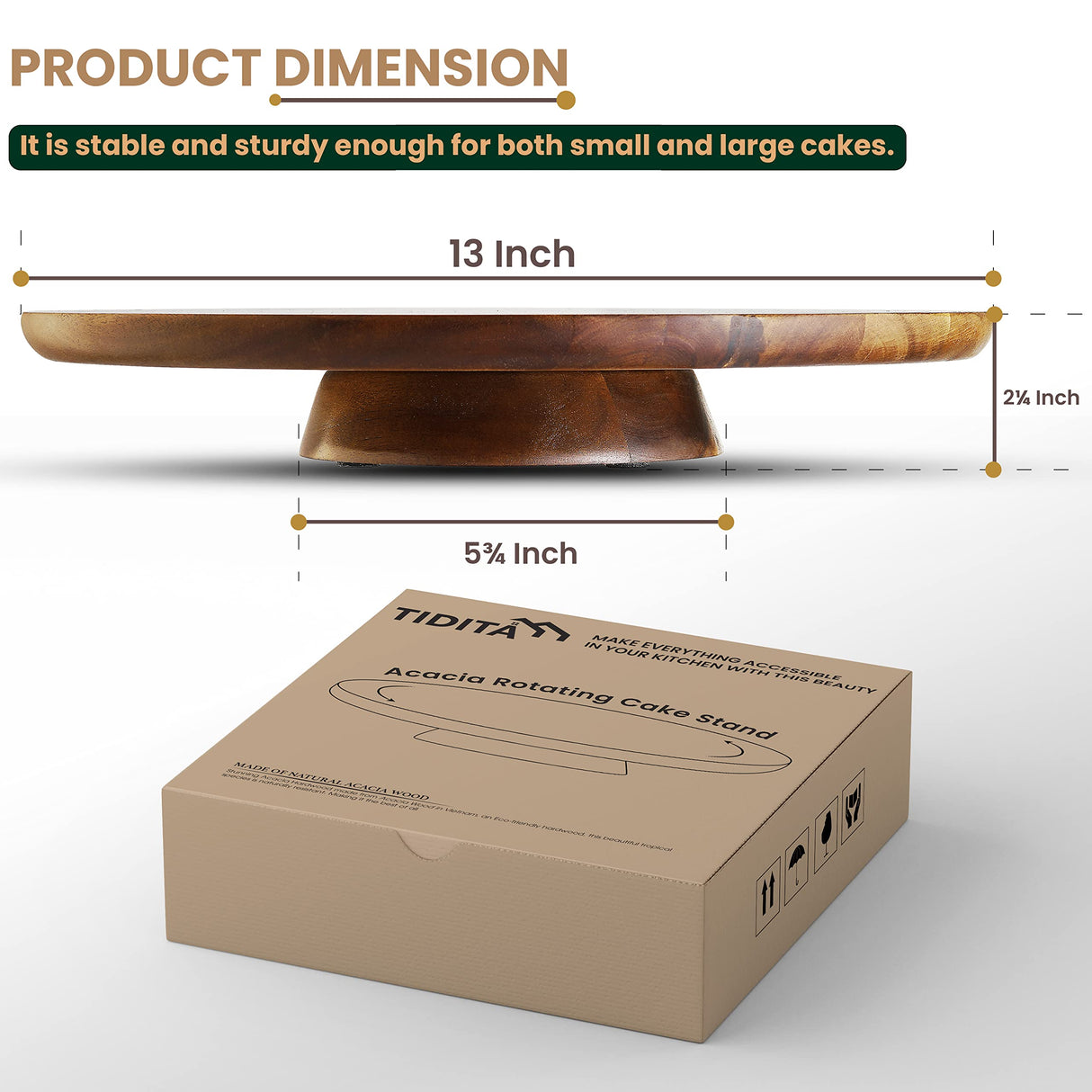 TIDITA 13" Acacia Cake Stand Rotating – Rustic Wood Turntable Pedestal Stands – Wooden Spinning Tables for Food Serving - Round Cake Decorating for Cupcake Dessert Display in Party, Wedding, Birthday Tidita