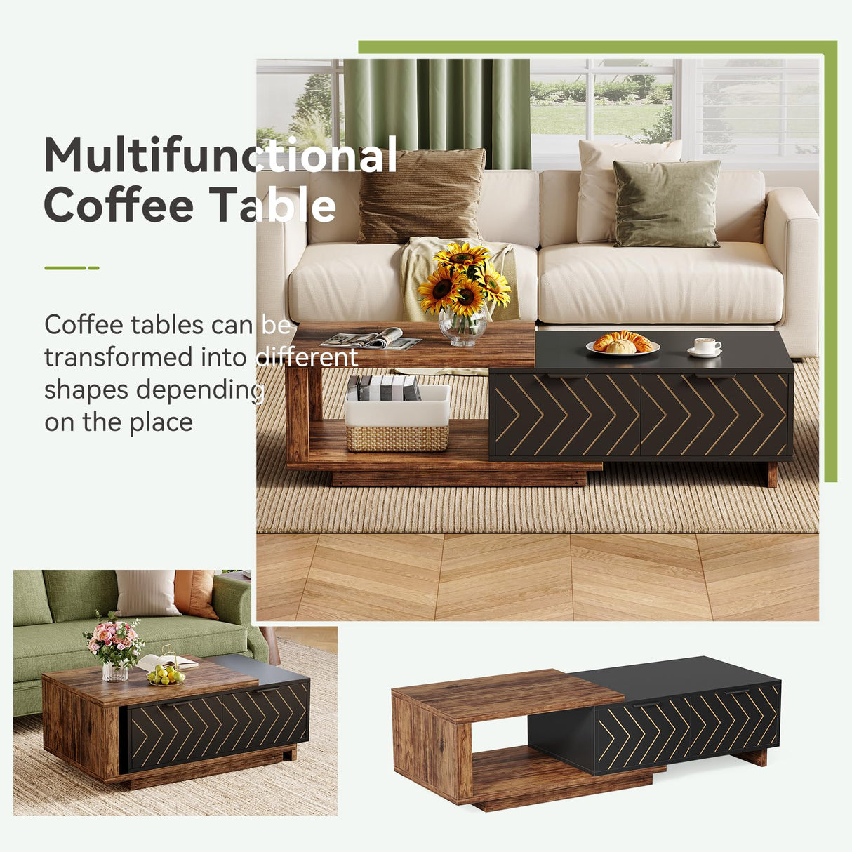 LITTLE TREE Expandable Wooden Coffee Table with 2 Drawers, Space-Saving Rectangular Farmhouse Center Table, Perfect for Living Room and Office, Brown and Black LITTLE TREE