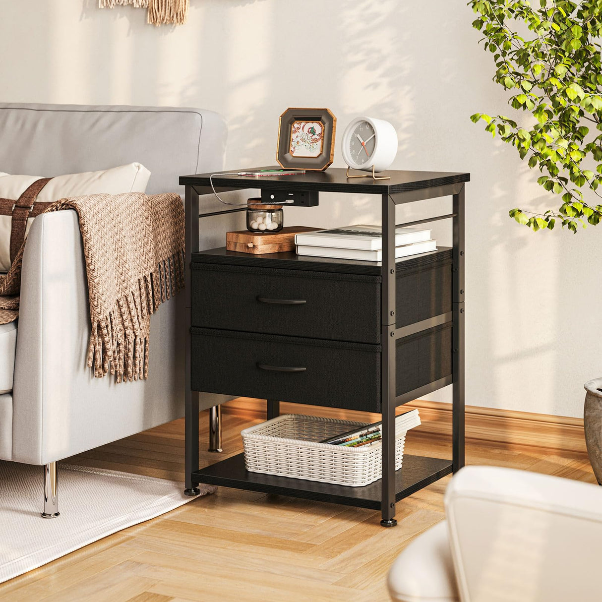 AODK Night Stand with Charging Station, End Table for Bedroom Tall Nightstand with Drawers, Small Nightstand for Bedroom, 4 Tier Storage Bedside Table, Black AODK