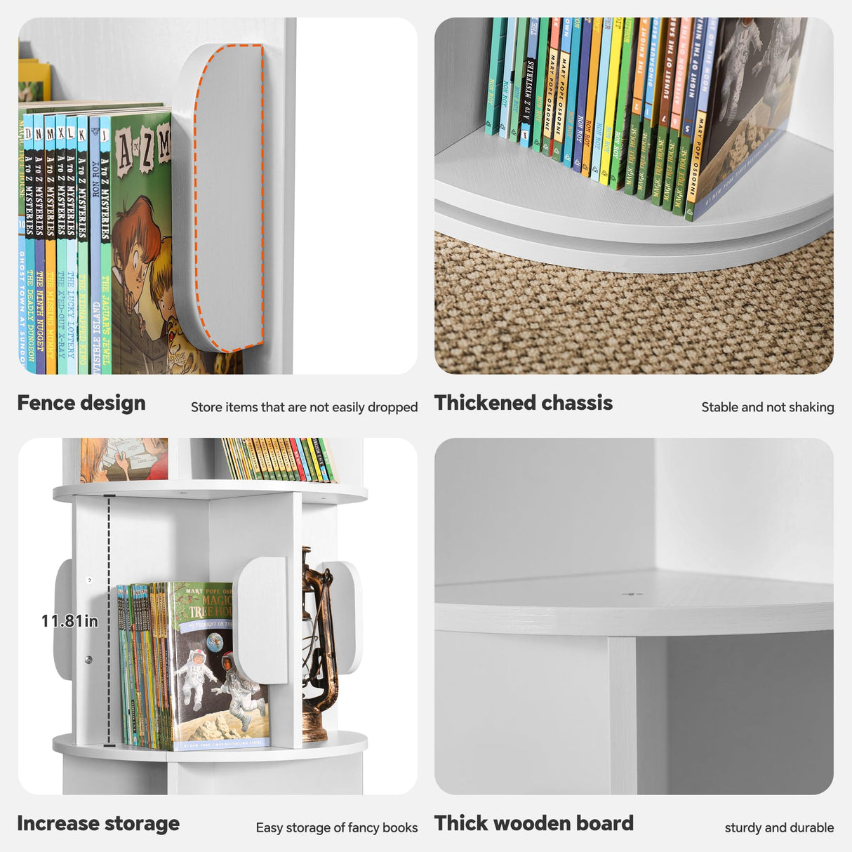 senlin Rotating Bookshelf Tower - Compact Swivel Bookcase for Kids, Corner Storage, Space-Saving Revolving Shelf,White senlin