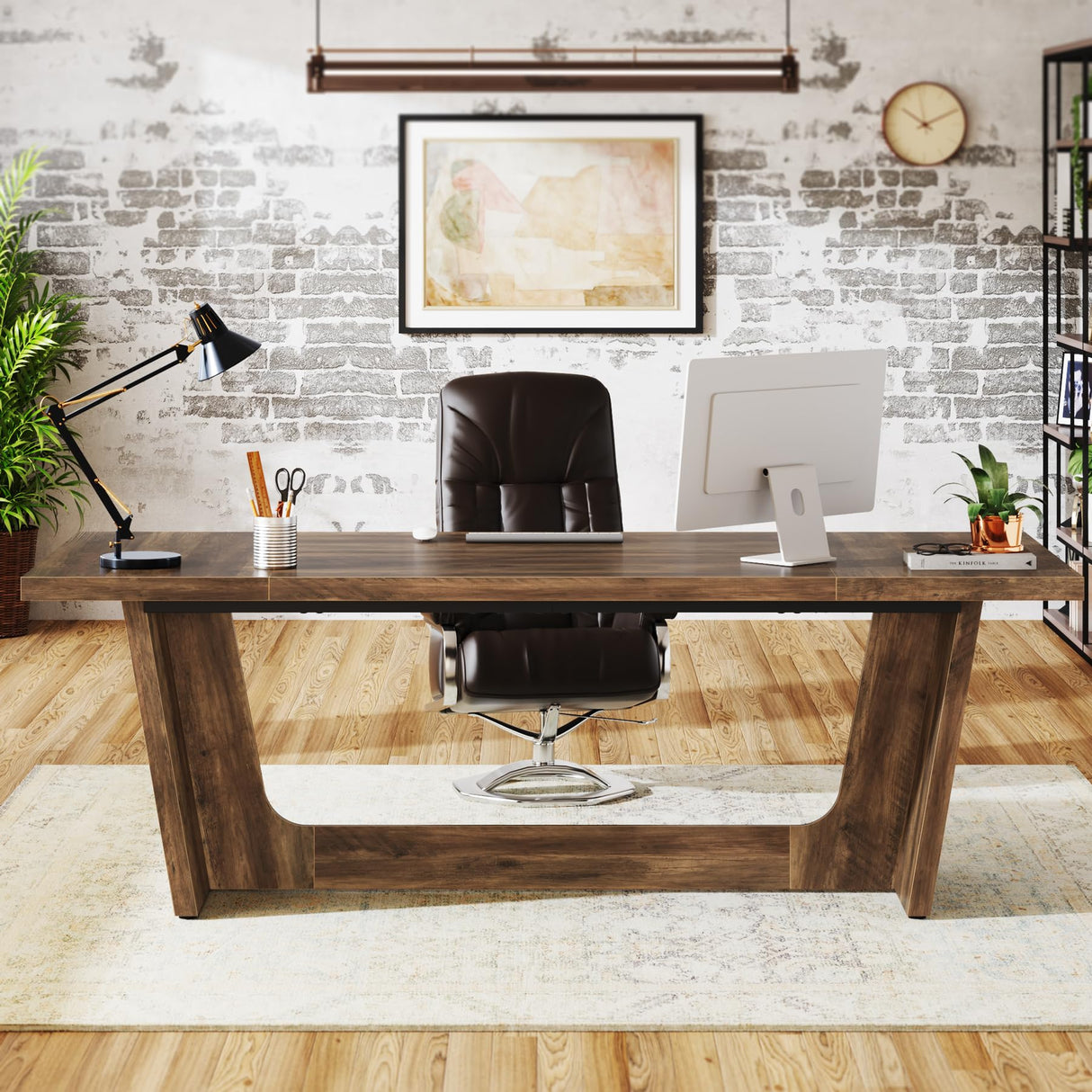 Tribesigns 70.87-Inch Executive Computer Desk: Large Home Office Desk with Solid Wooden Pedestal, Industrial Wood Study Writing Table, Workstation Business Furniture, Brown Tribesigns