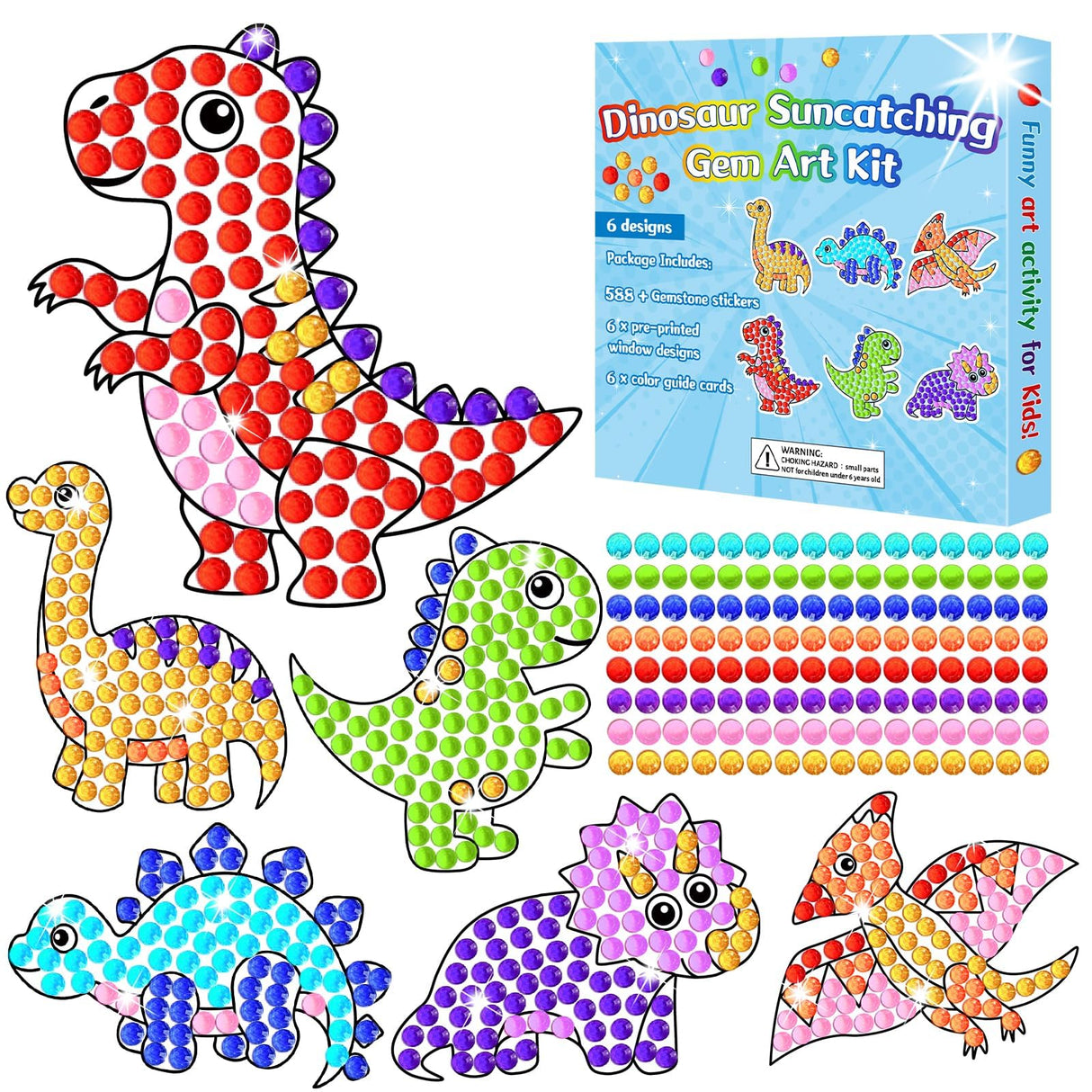 Qyeahkj 6 Pcs Dinosaur Arts Crafts DIY Dino Gem Diamond Suncatcher Crafts for Kids Dinosaur Diamond Painting Gifts Exchange for Kids Aged 4 6 8 10 12 for Home School Party Decor Qyeahkj