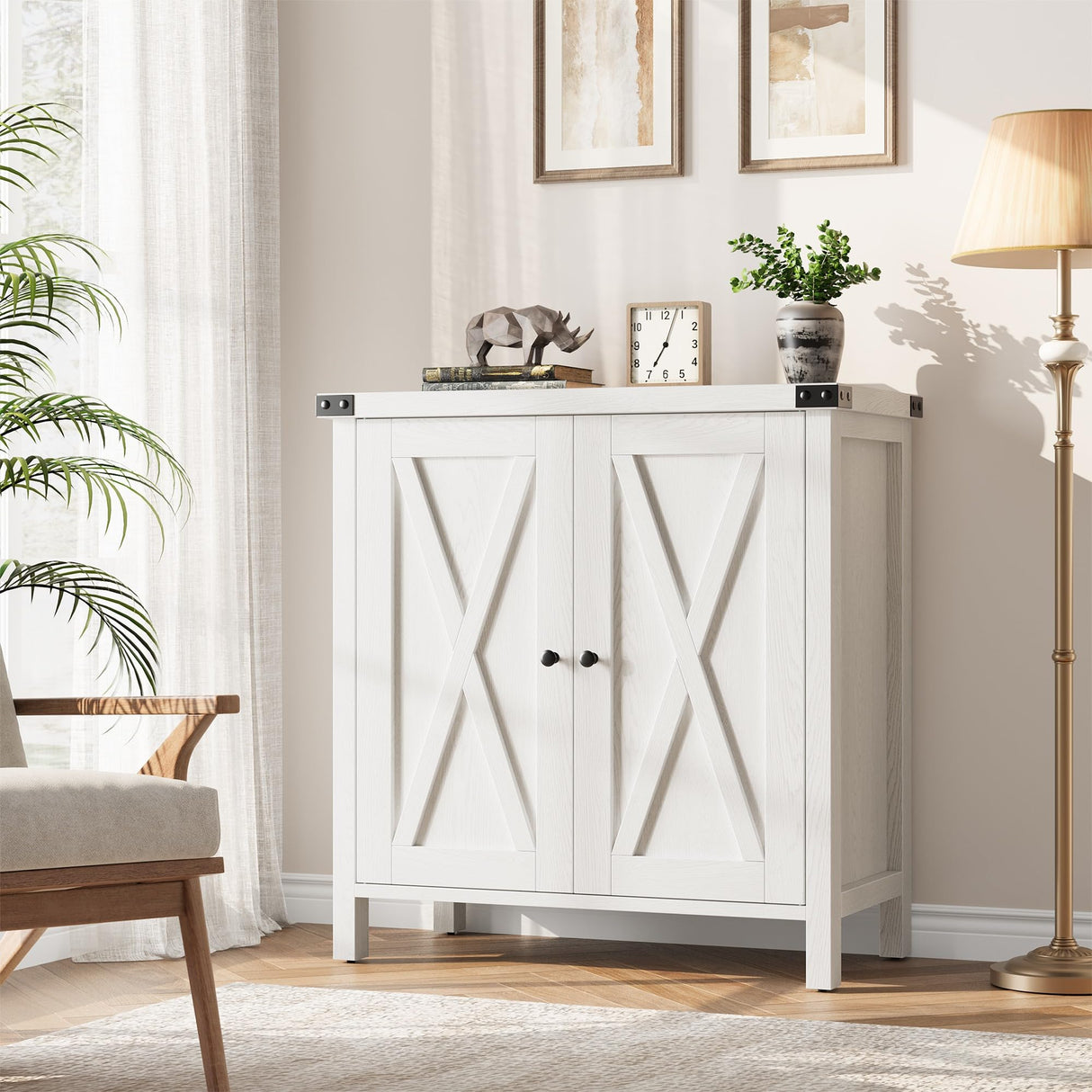 GarveeHome Farmhouse Sideboard Buffet Cabinet, Small Storage Cabinet with 2 Doors and Adjustable Shelves, Accent Entryway Console Cupboard for Living Room, Dining Room, White GarveeHome