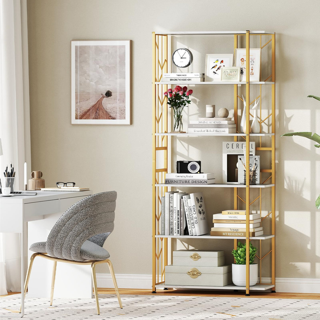 Giantex 6-Tier Bookshelf, Modern Geometric Bookcase with Heavy-Duty Metal Frame, Freestanding Display Rack w/ 2 Anti-Tipping Kits, Storage Shelf for Living Room, Bedroom, Study (1,Gold+White) Giantex