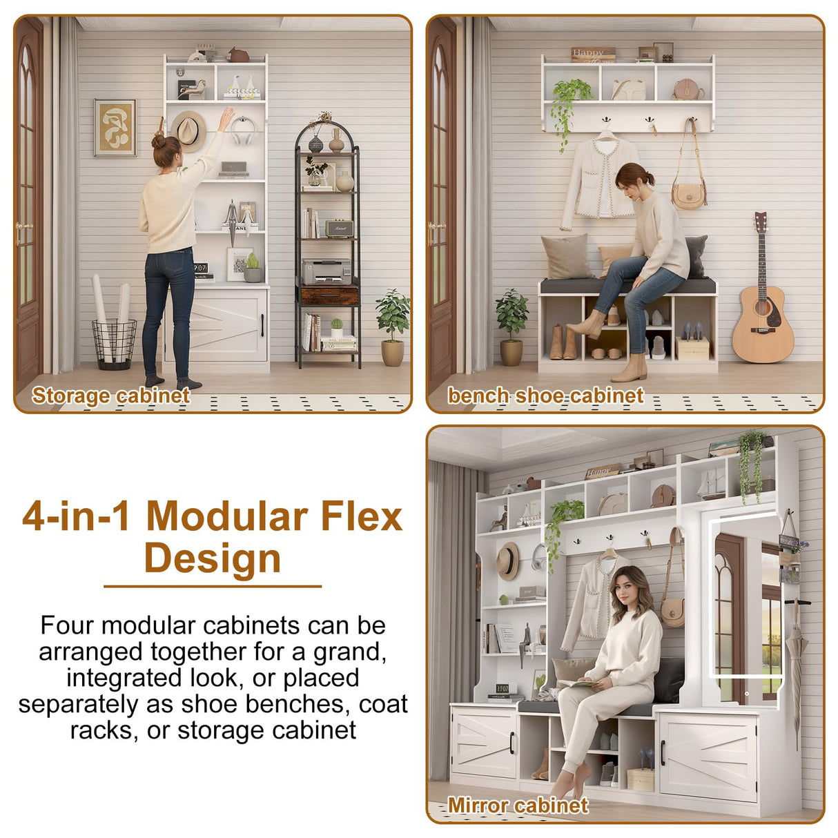 chartustriable 86.6" Wide Extra Large Farmhouse Hall Tree with 3-Color LED Mirror, Entryway Bench with Bench and Shoe Storage, Shoe Shelves,Umbrella Holder, Mudroom Hallway Storage Cabinet chartustriable