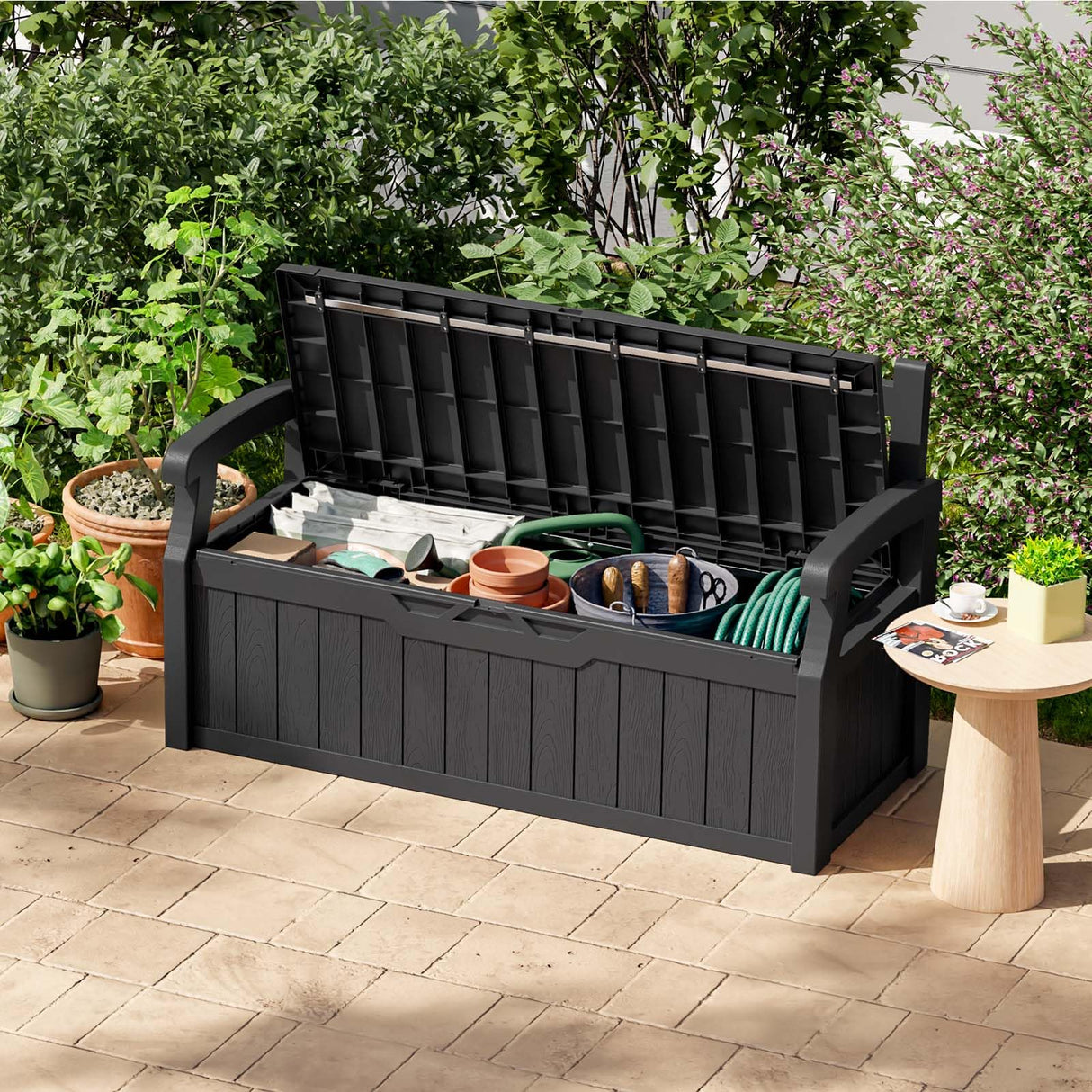 Patiowell 70 Gallon Plastic Storage Bench, Water-Resistant Deck Box for Patio Furniture, Garden Tools, Pool Storage and Outdoor Cushions, Black Patiowell
