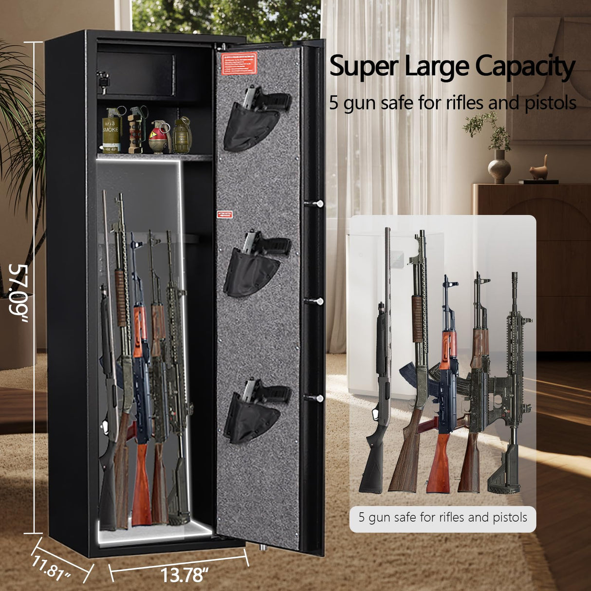 SHICHI 4-6 Gun Safe, Long Rifle Safe with Dual Alarm System, Biometric Quick Access Heavy-Duty Gun Cabinet, Shotgun Safe with Removable Shelf for Home, No Assembly Required, Fingerprint Lock SHICHI