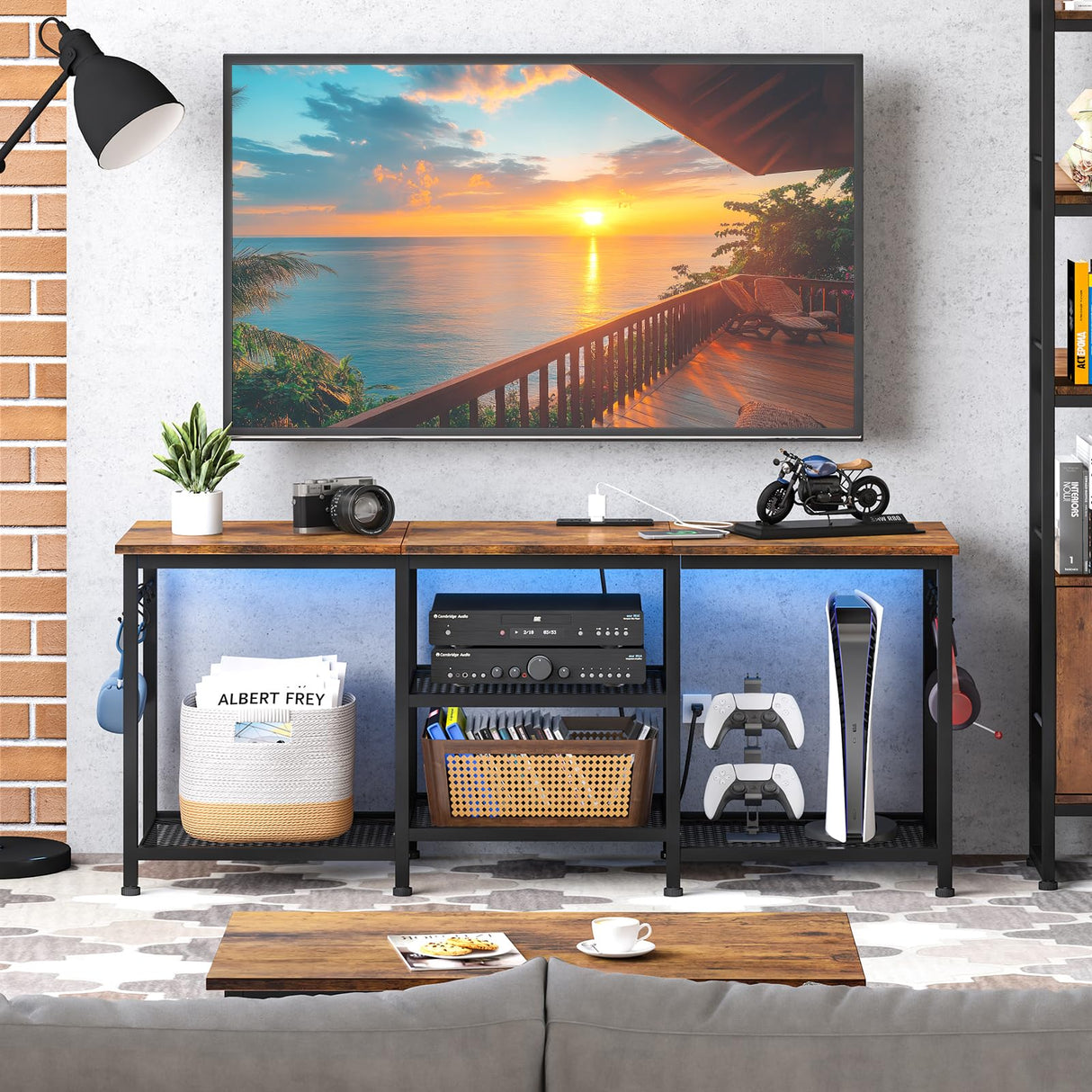 YGEOMER TV Stand Entertainment Center for 55 Inch TVs, with Charging Station and Lights Open Storage Shelves, TV Media Console, Open Storage Shelf with Sound Rack for Living Room, Rustic Brown YGEOMER