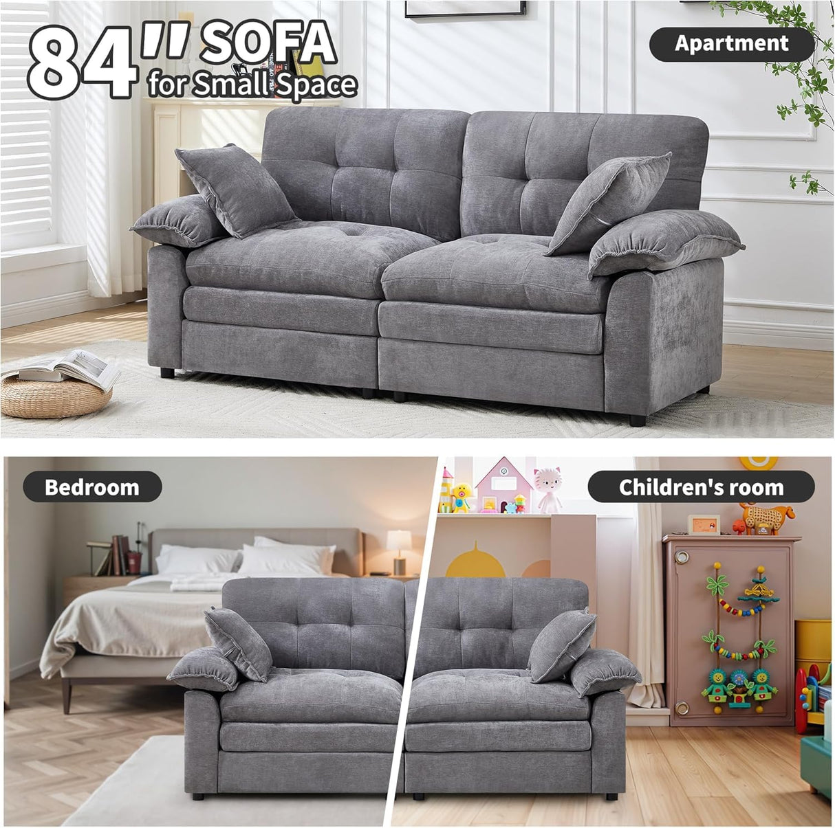 84" Loveseat Sofa, Modern Couches for Living Room,Double-Layer Cushion Cloud Couch with Deep Seat,Super Comfy Chenille Sofas,Sturdy Frame, Easy Assembly for Bedroom, Apartment, Office, Dark Grey Opiesit