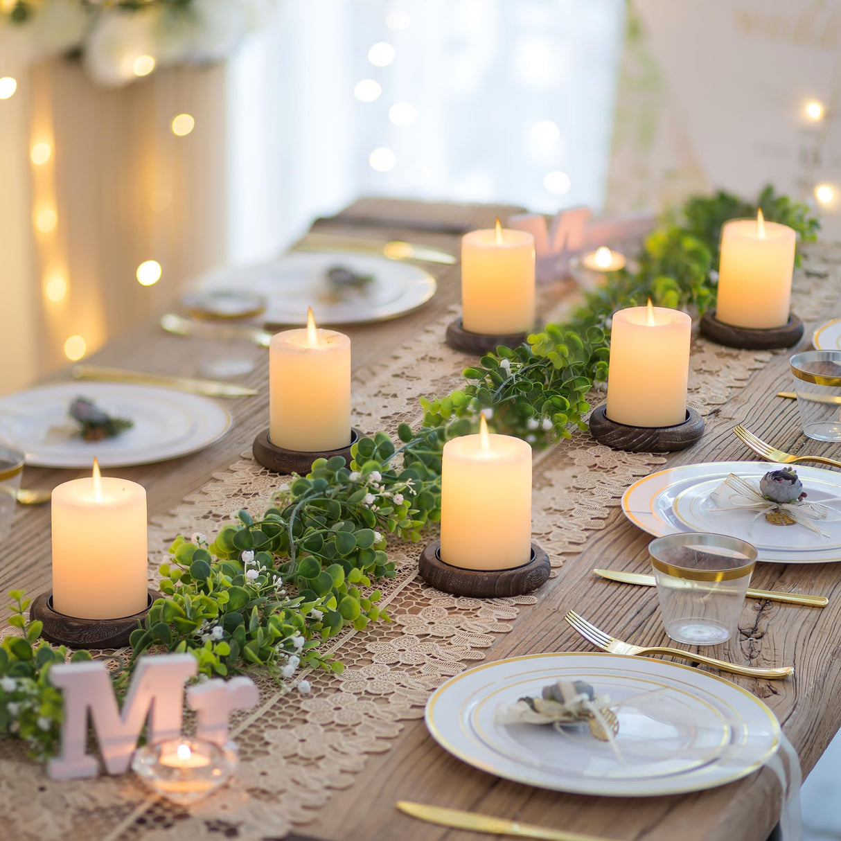 Romadedi Wood Candle Holder Farmhouse Decor - Pillar Candle Holders for Table Centerpiece Small Tray Riser Set of 2 Round Wooden Plate Pedestal Stand for Coffee Table Home Living Room, Brown Romadedi