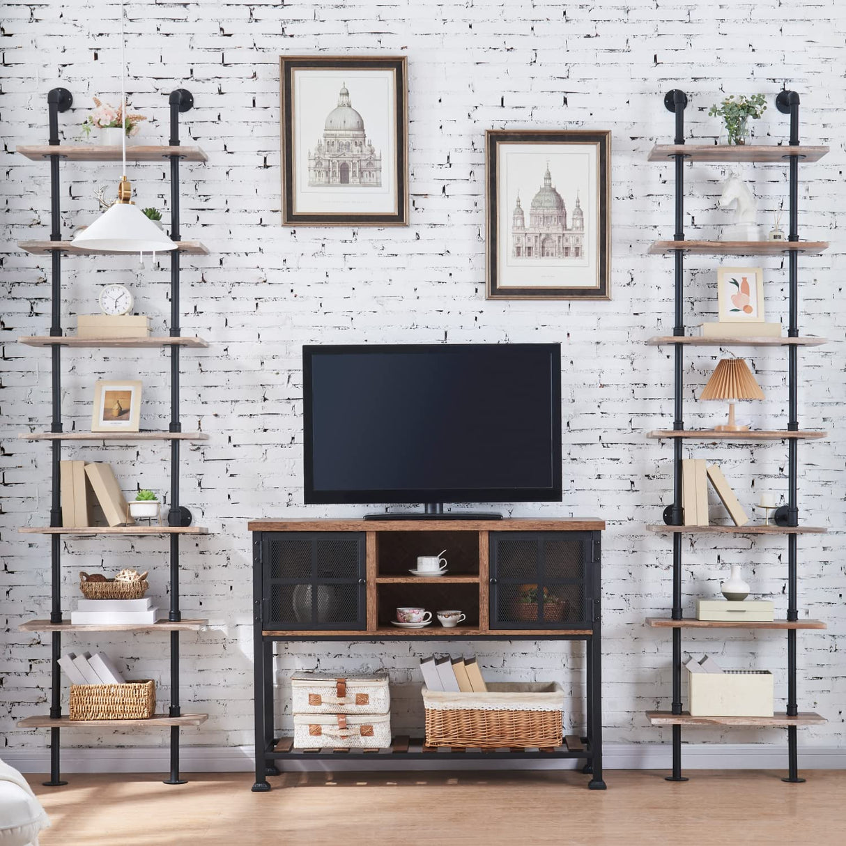 HOMBAZAAR Industrial Pipe Bookshelf,7 Tier Pipe Shelving,Wall Mounted Ladder Shelves with Metal Frame for Home Office,Living Room,Oak Brown HOMBAZAAR