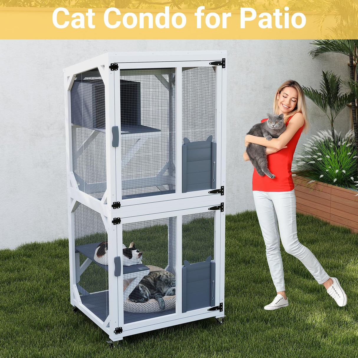 Yafylly Catio Outdoor Cat Enclosure, Cat Condo for Patio, Wooden Movable Cats Cage with 4 Wheels, Outside Cats House Weatherproof, Cats Condo Outdoor with 3 Platforms Yafylly