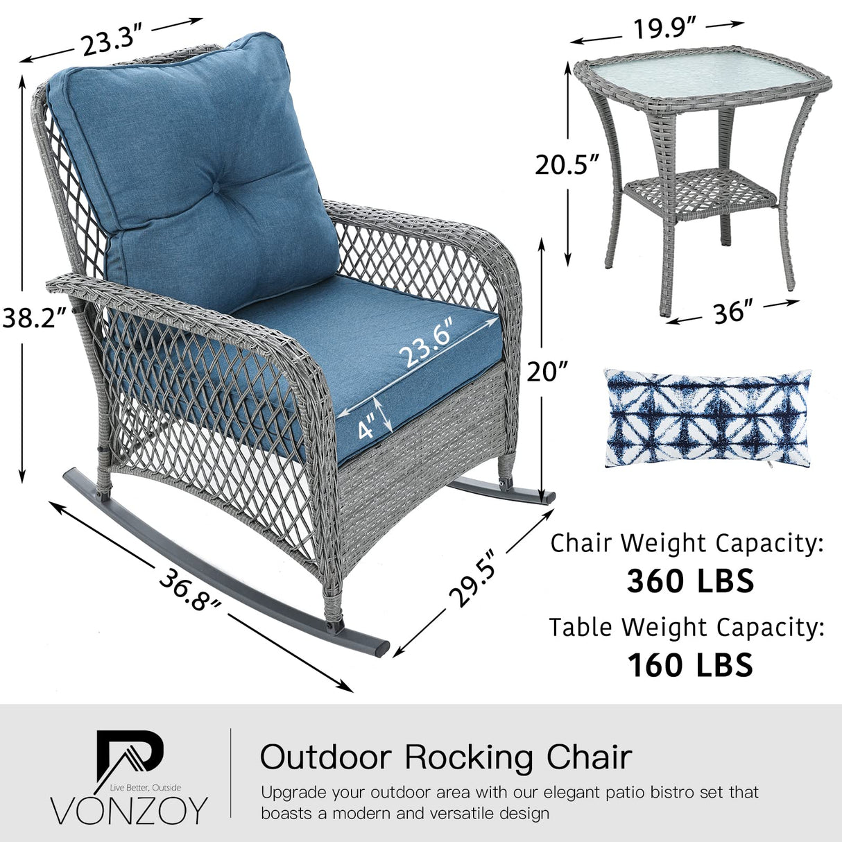 VONZOY Patio Furniture Set 3 Pieces, Wicker Rocking Bistro Set with Thick Cushions, Outdoor Rocker Chairs and Coffee Table for Porch, Backyard or Garden (Blue) VONZOY