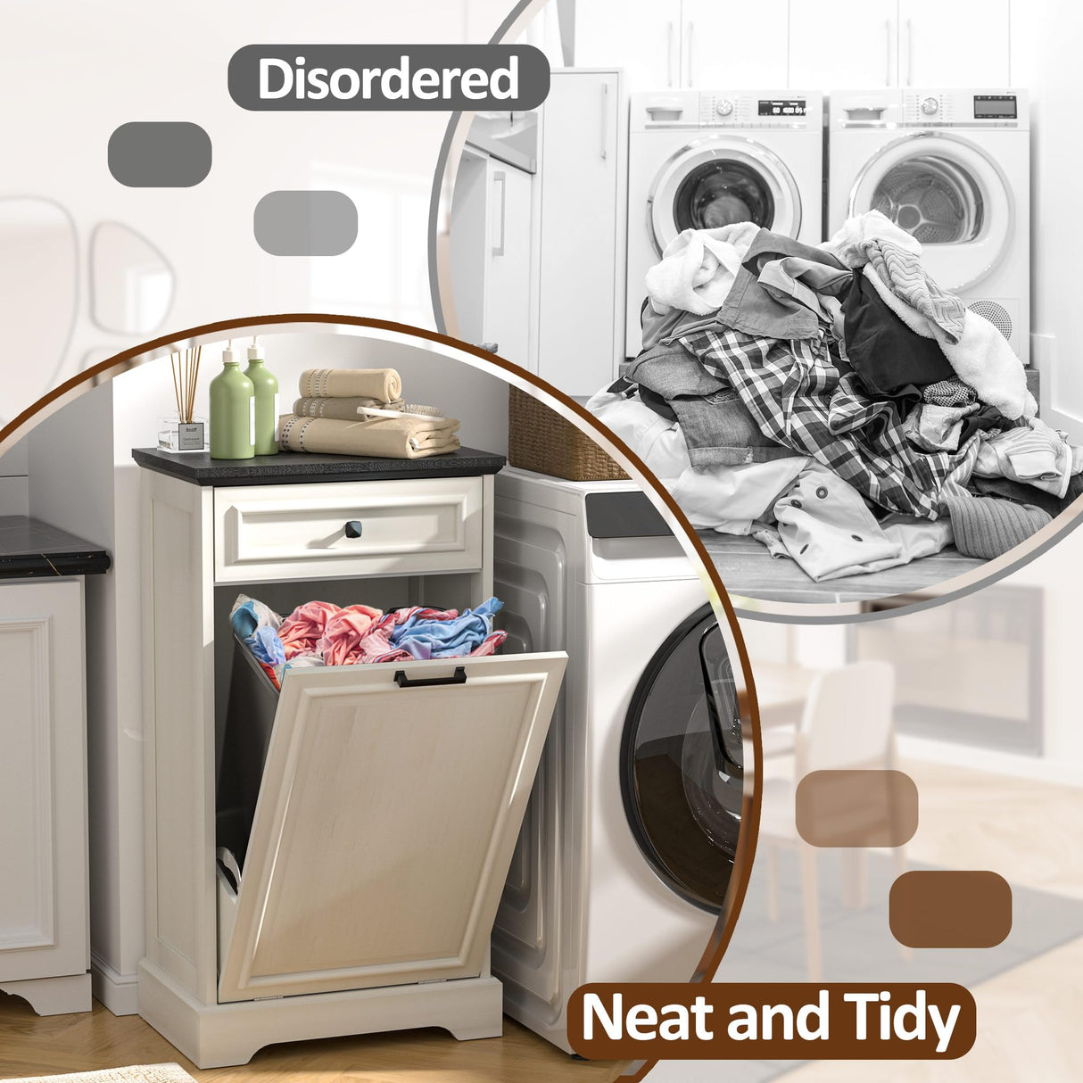 AHB 13 Gallon Tilt Out Trash Cabinet Kitchen Waste Bins, Laundry Hamper Tilt Out Pet Proof Hidden Trash Bin for Kitchen Living Room, Antique White and Black AHB