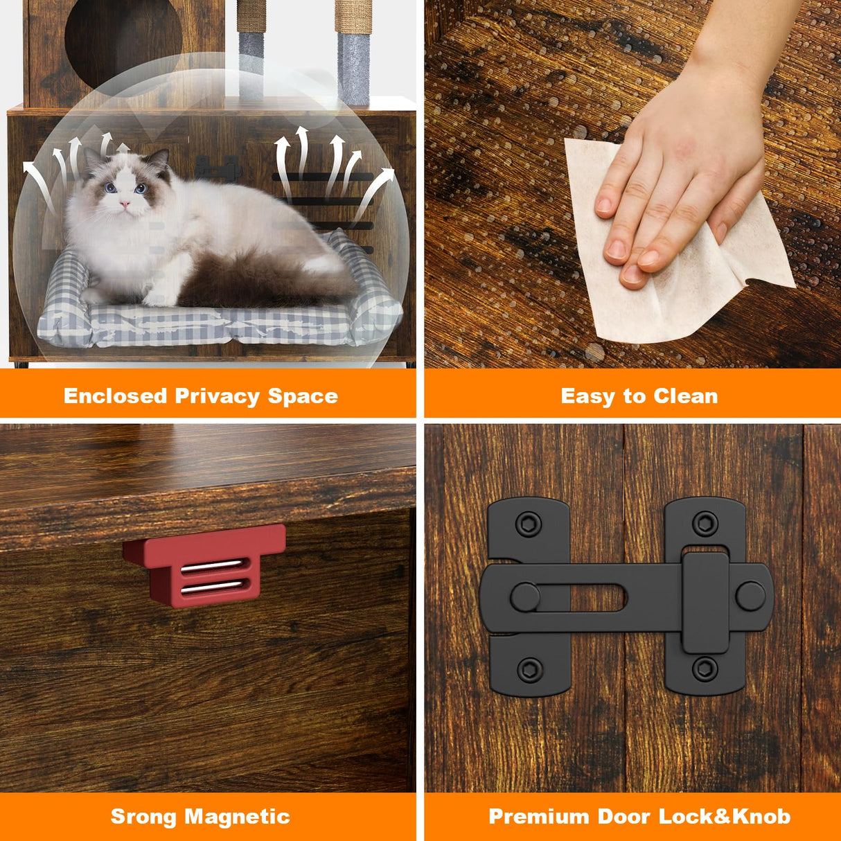 Cat Tree with Litter Box Enclosure, Cat Litter Box Enclosure with Scratching Post and Soft Plush Perch, Hidden Cat Washroom Furniture with Divider, All-in-one Cat Cabinet, Rustic Brown Ryvorbe