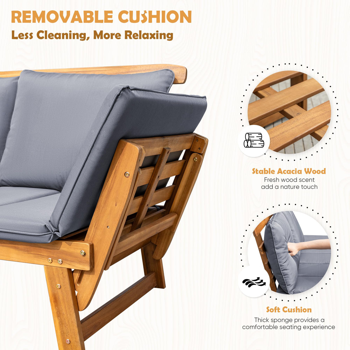 Greesum Patio Convertible Couch Sofa Bed with Adjustable Armrest, Acacia Wood Outdoor Daybed with Cushion & Pillow, Folding Chaise Lounge Bench for Porch Courtyard Poolside,Gray Greesum
