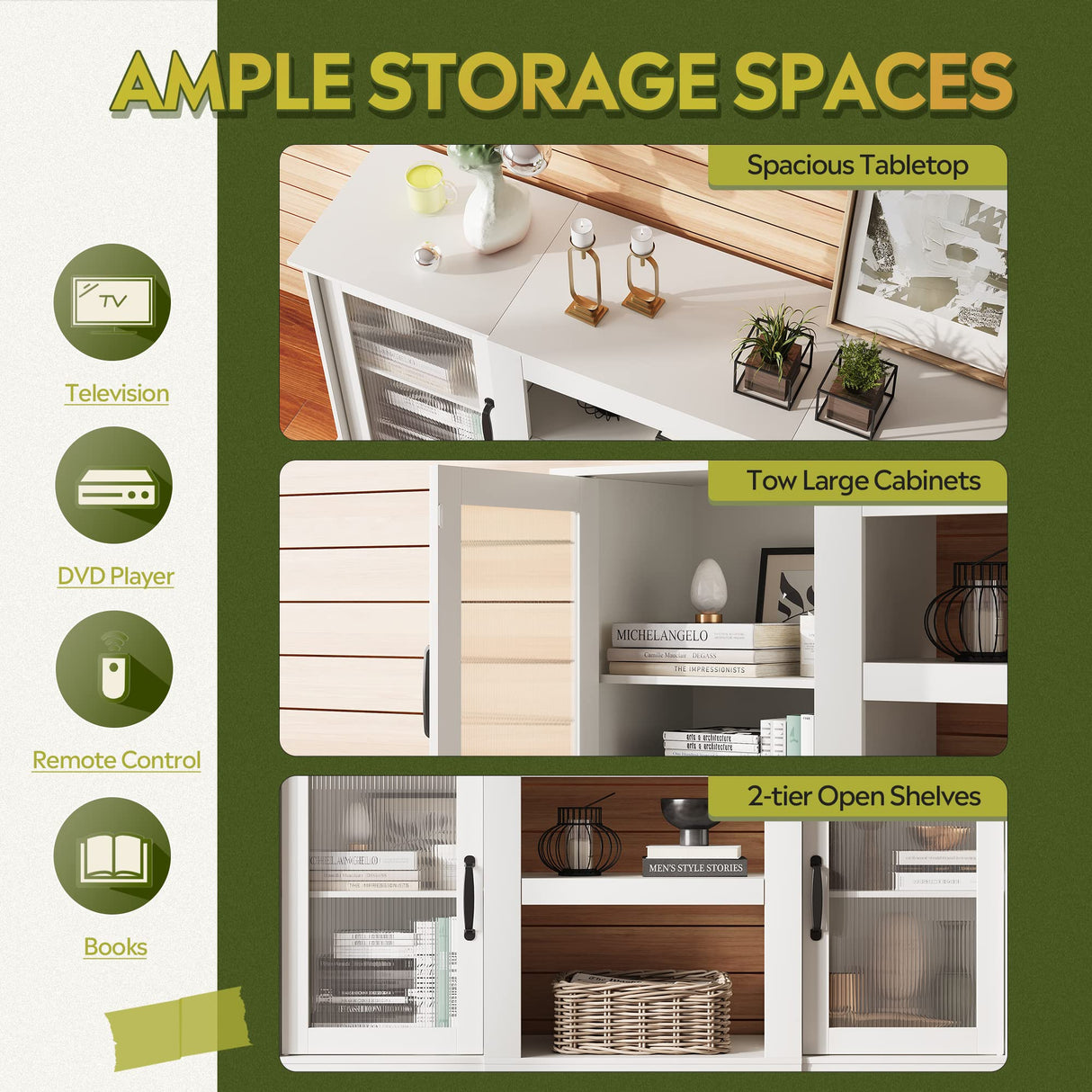 WLIVE Retro TV Stand for 65 inch TV, TV Console Cabinet with Storage, Open Shelves Entertainment Center for Living Room and Bedroom, White WLIVE