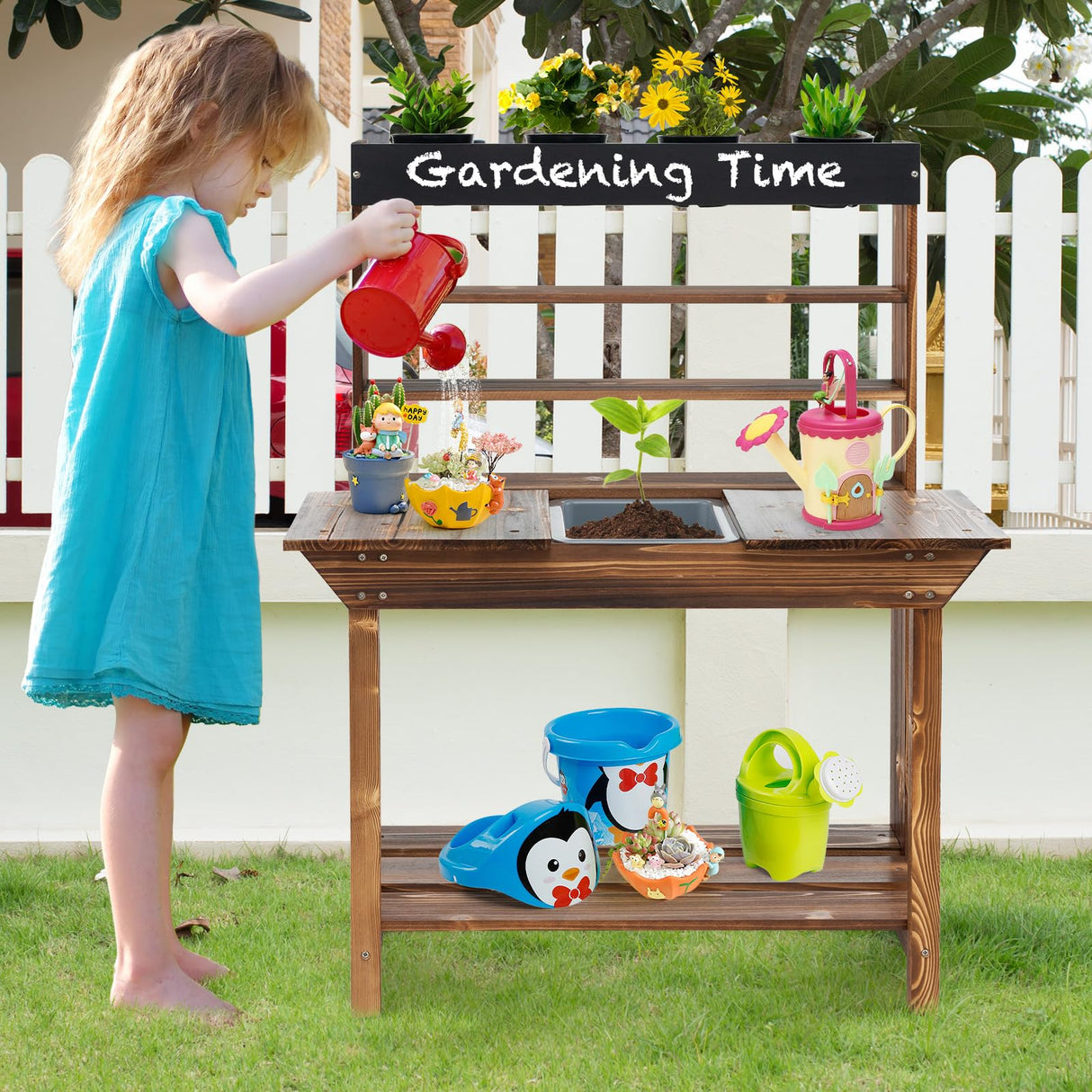 HONEY JOY Kids Potting Bench Table, Fir Wood Garden Potting Benches for Outside, Removable Sink, 4 Flower Pots, Chalkboard, Children Planting Table Work Bench, Mud Kitchen for Kids Outdoor Backyard HONEY JOY