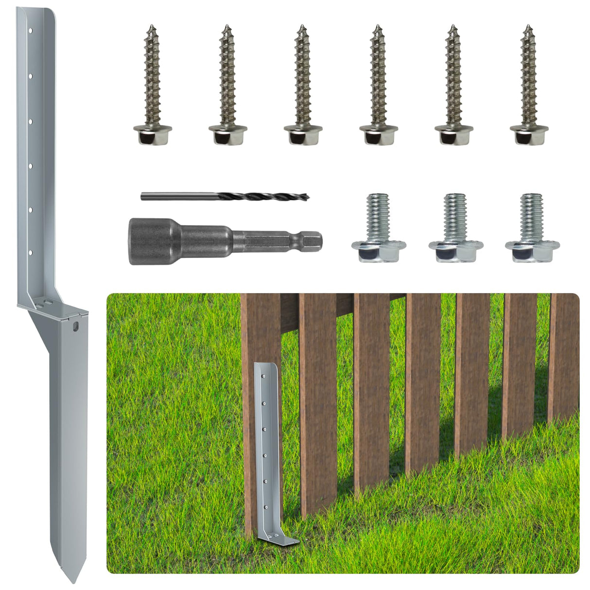 Raweao Fence Post Repair Stakes - 1 Pack Heavy Duty Steel Fence Post Anchor Ground Stakes for Repair Tilted or Broken Wood Fence Post Raweao