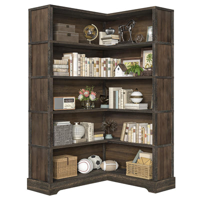 TVU Wood Corner Book Shelf, 5 Tier 65 Inch Tall Bookshelf with Storage, Floor Standing Display Book Shelf for Living Room, Kitchen, Home Office, Rustic Brown