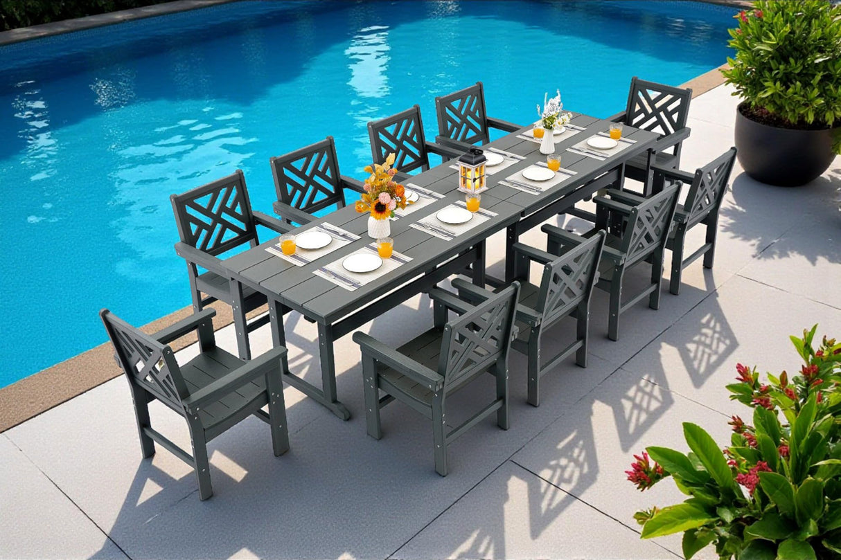 AXMOLM 12 Piece HDPE Outdoor Dining Set for 10, Patio Dining Furniture Set with 2 Table and Umbrella Hole, Outdoor Table and Chairs for Garden, Poolside, Backyard, Deck AXMOLM