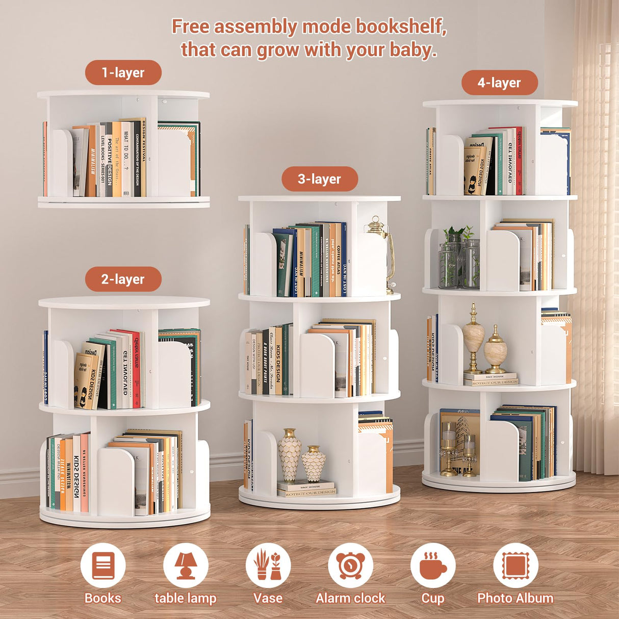 Besiost Rotating Bookshelf, Wood Corner Bookshelf, 360 Display Spinning Bookcase Storage Rack, 4 Tier Floor Standing Revolving Bookcase Narrow Book Shelf Organizer for Small Space, Bedroom, White Besiost