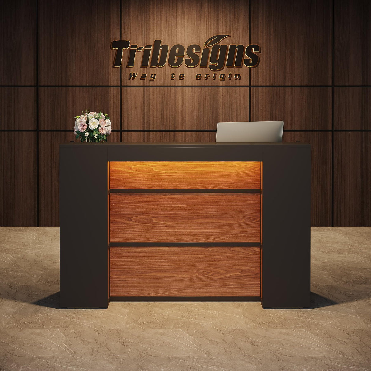 Tribesigns Reception Desk with LED Lights, 63 Inches Front Counter Desk for Checkout, Lobby, Salon, Retail, Modern Large Counter Table for Store Shop Clinic Office (Black&Brown) Tribesigns
