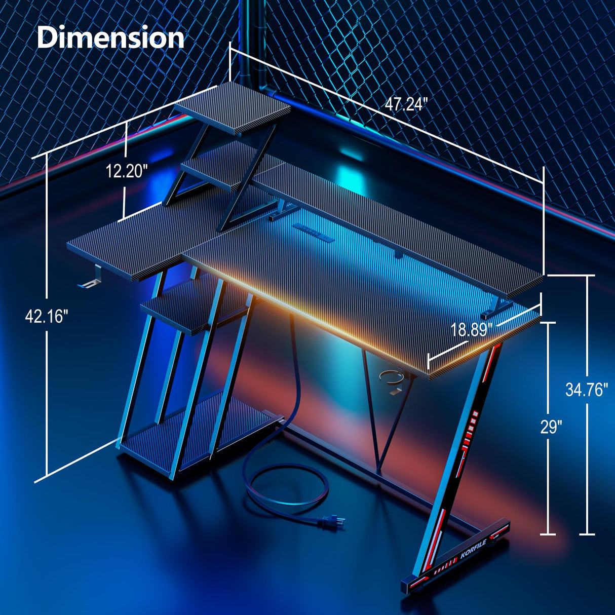 Korfile Reversible Corner Gaming Desk with LED Lights & Power Outlet, L Shaped Computer Desk with Extra Storage Shelves, Gamer Workstations with Monitor Stand for Bedroom, 47 Inch, Carbon Fiber Black Korfile