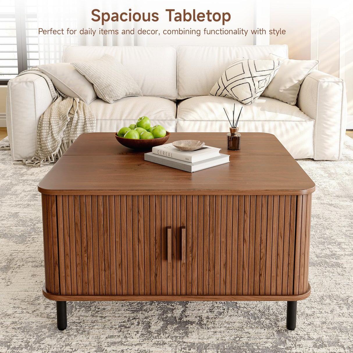ONBRILL Lift Top Coffee Table with Large Hidden Compartment, Wood Square Coffee Table with Adjustable Footpads, Mid-Century Modern Lift Tabletop Dining Table for Living Room, Home Office, Walnut ONBRILL