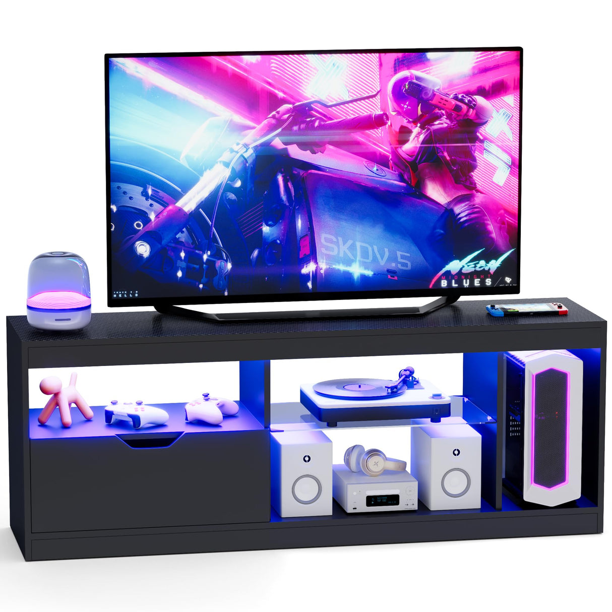 Homall LED TV Stand Mount for 65 inch, Modern Entertainment Center with LED Lights & High Glossy Cabinets, TV Cabinet Console Table with Drawer, Glass Shelves, Dynamic RGB Modes for Living Room, Black Homall