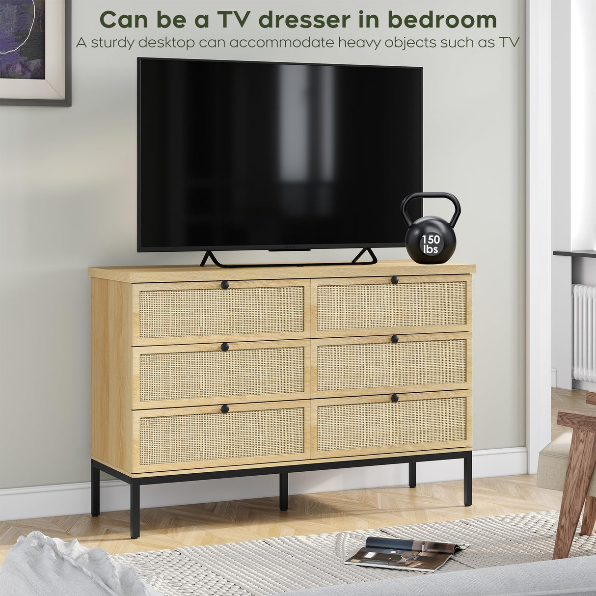 Modern 6 Drawer Dresser with Natural Rattan Drawers, Industrial Wood Double Dresser for Bedroom with Sturdy Steel Legs, Closet Storage Dressers Organizer TV Stand Dresser for Living Room Hallway Yechen